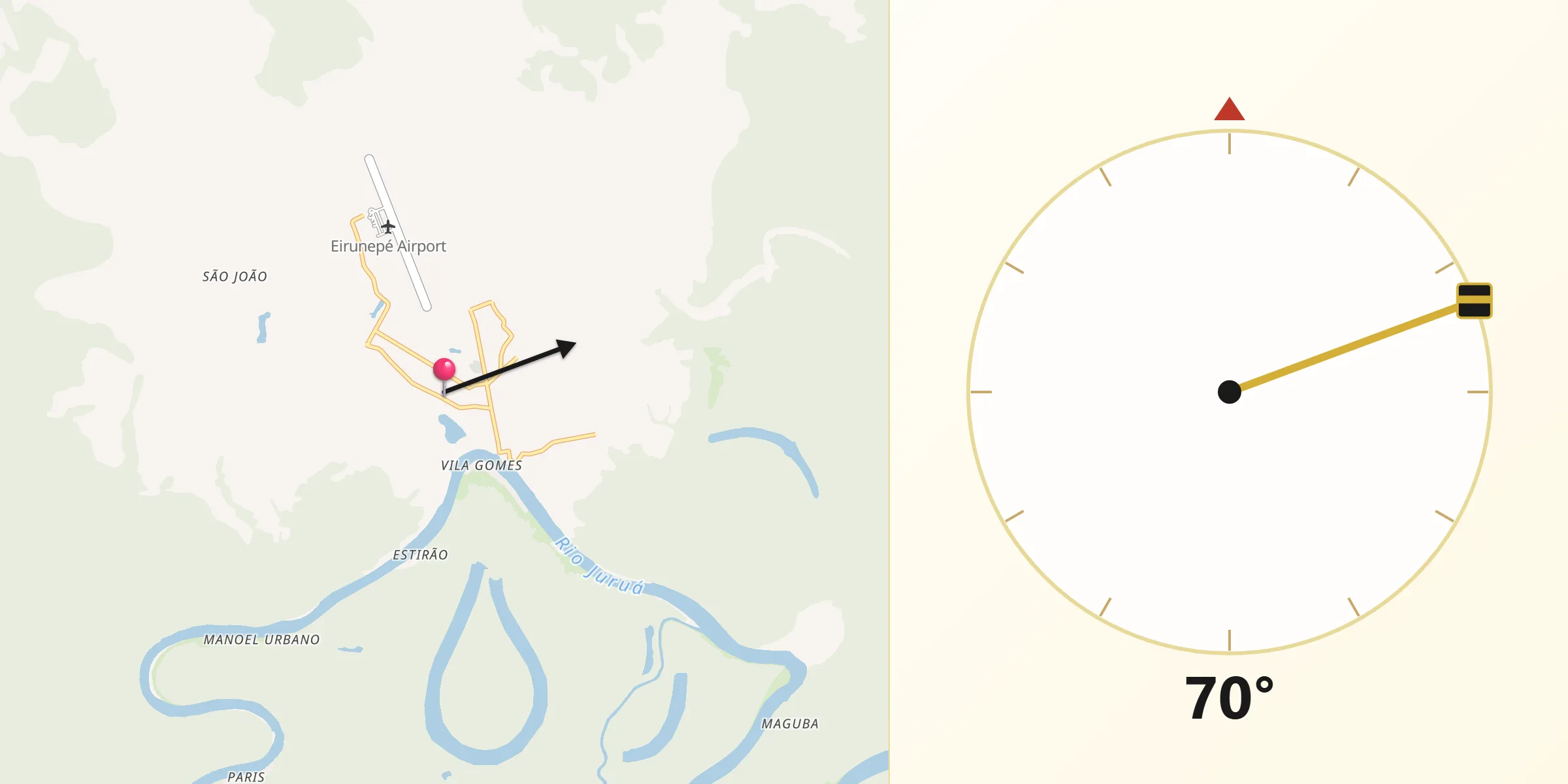 Direção da Qibla a partir de Eirunepé