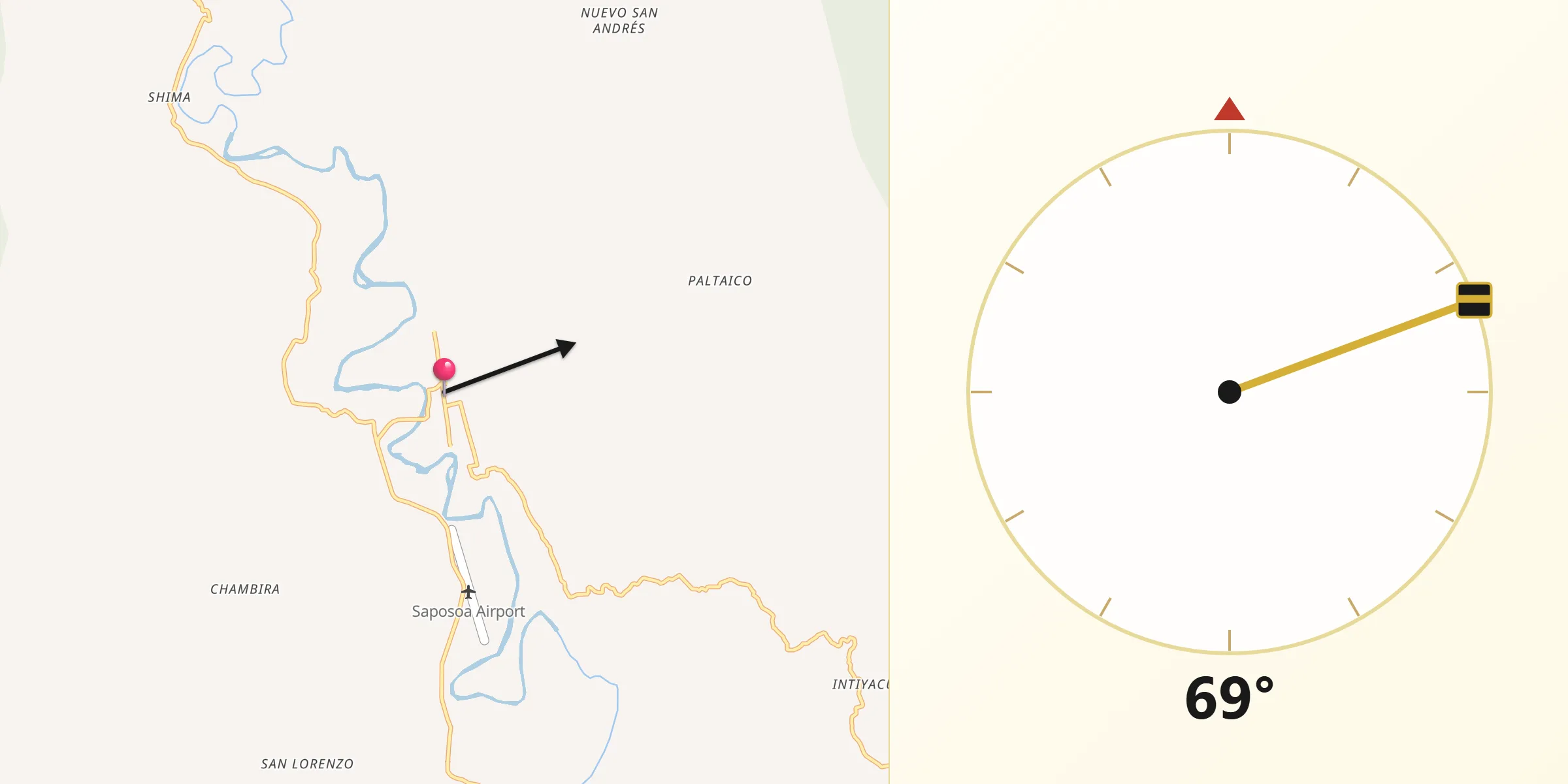 Dirección de la Qibla desde Saposoa