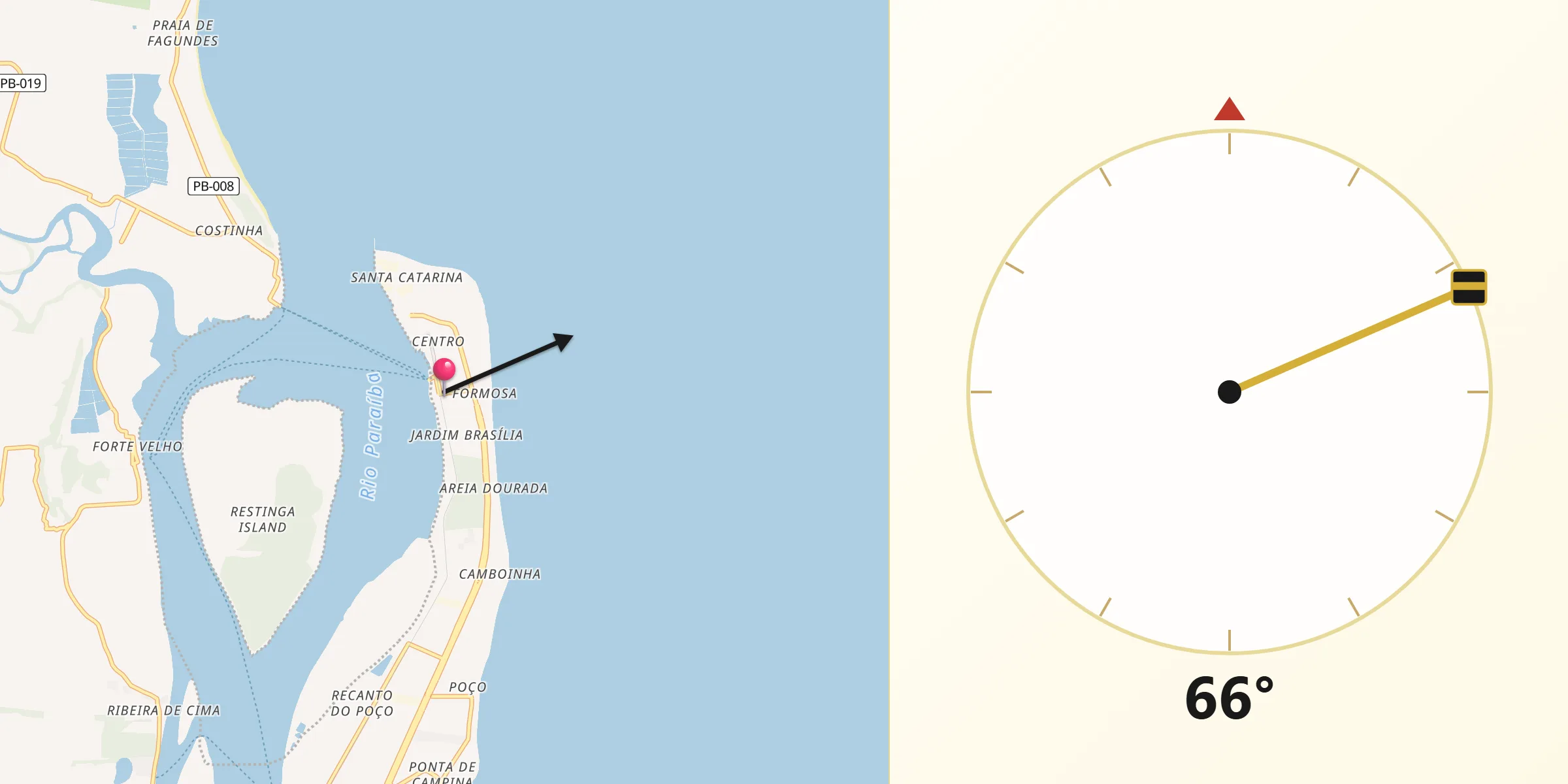 Direção da Qibla a partir de Cabedelo