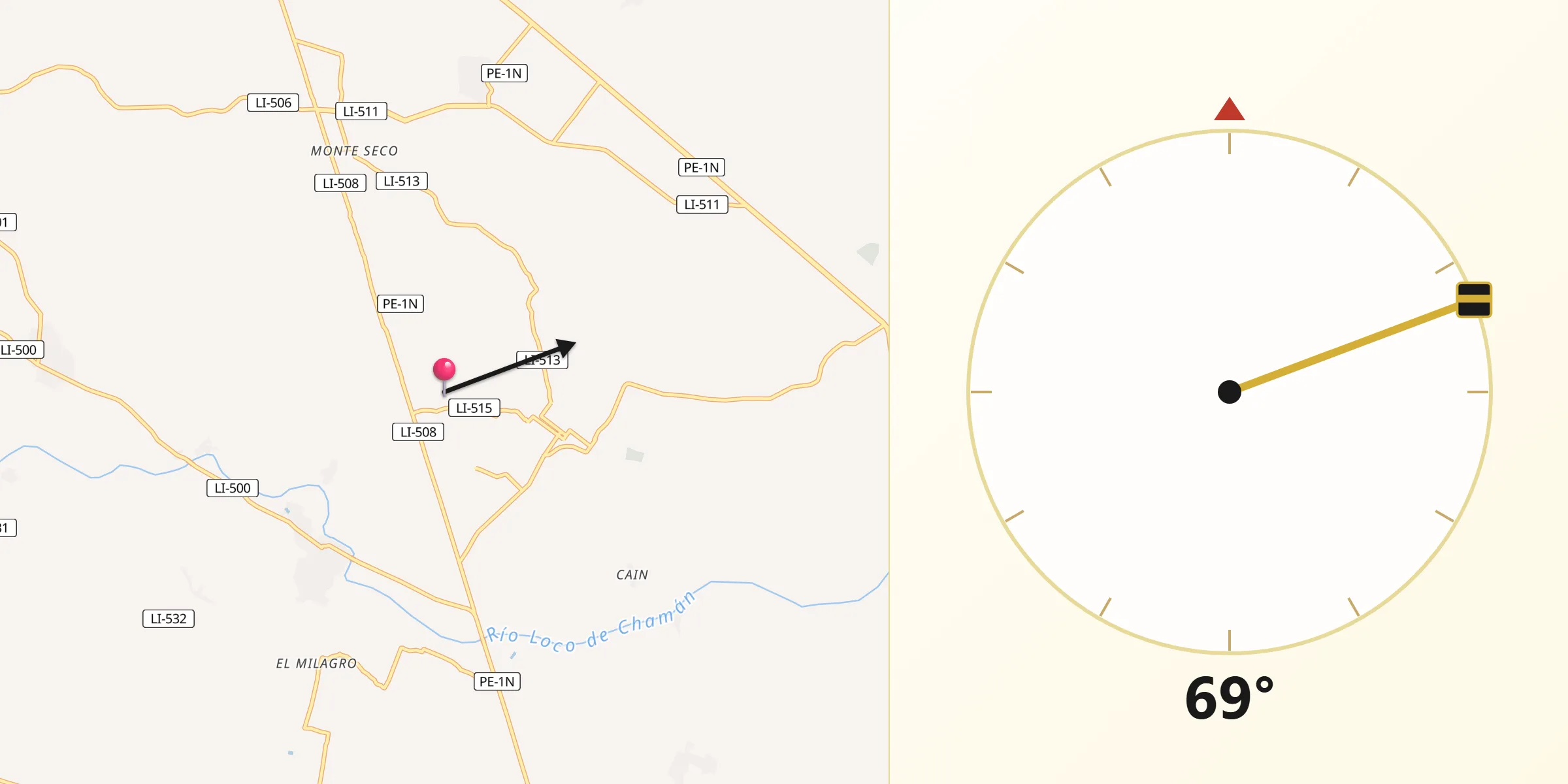 Dirección de la Qibla desde Pacanga