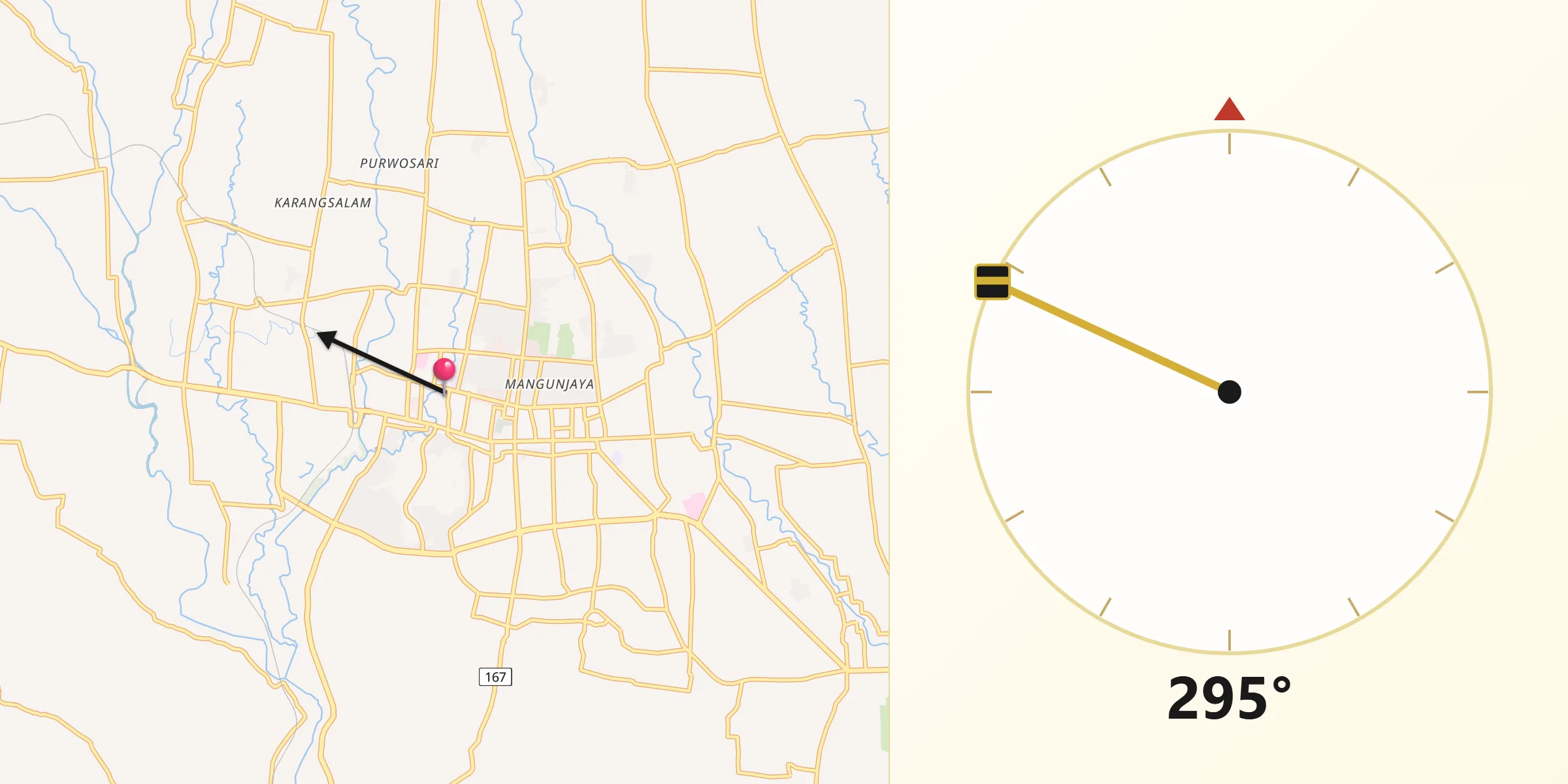 Arah Kiblat dari Kota Purwokerto