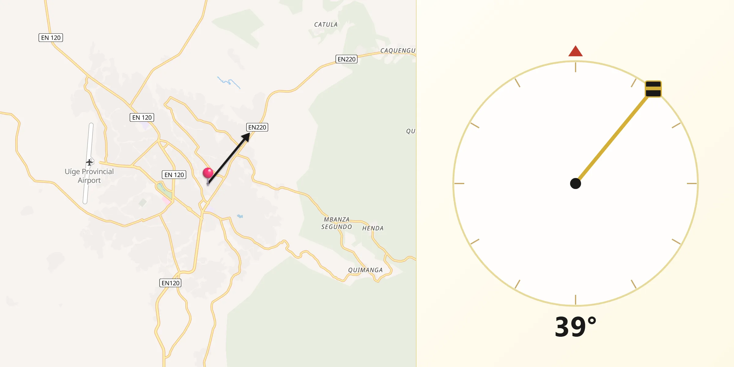 Direção da Qibla a partir de Uíge