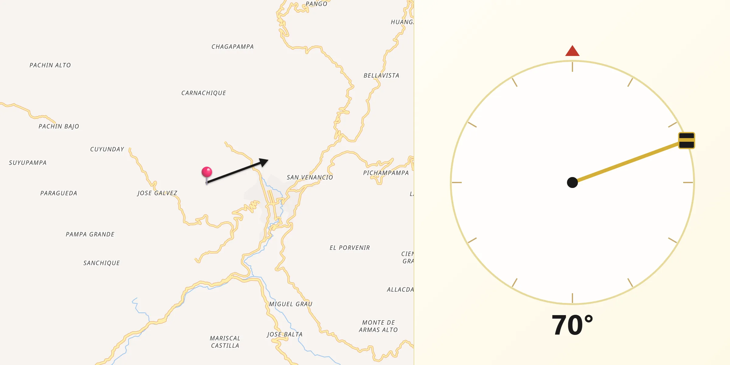 Dirección de la Qibla desde Otuzco