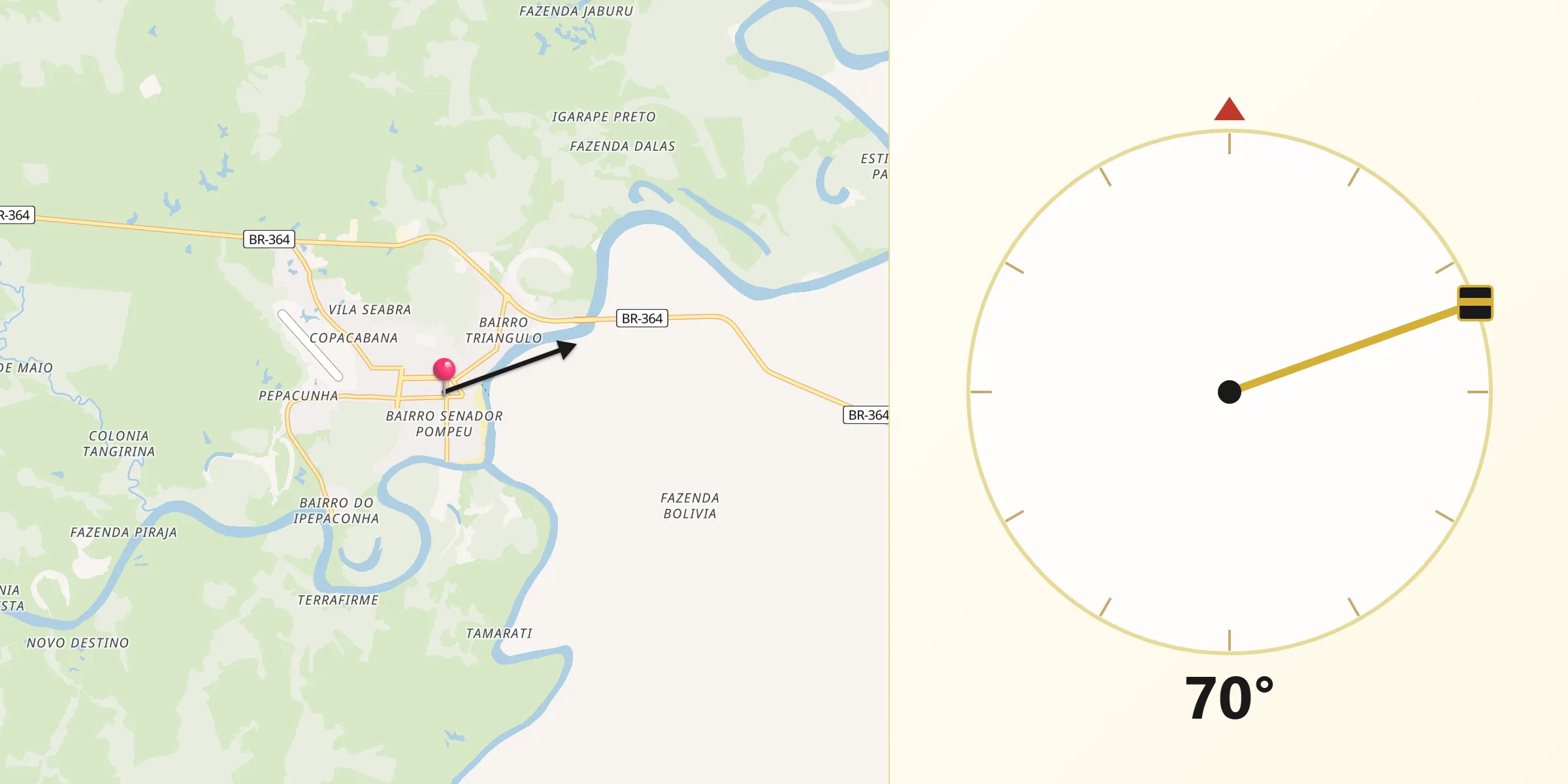 Direção da Qibla a partir de Tarauacá