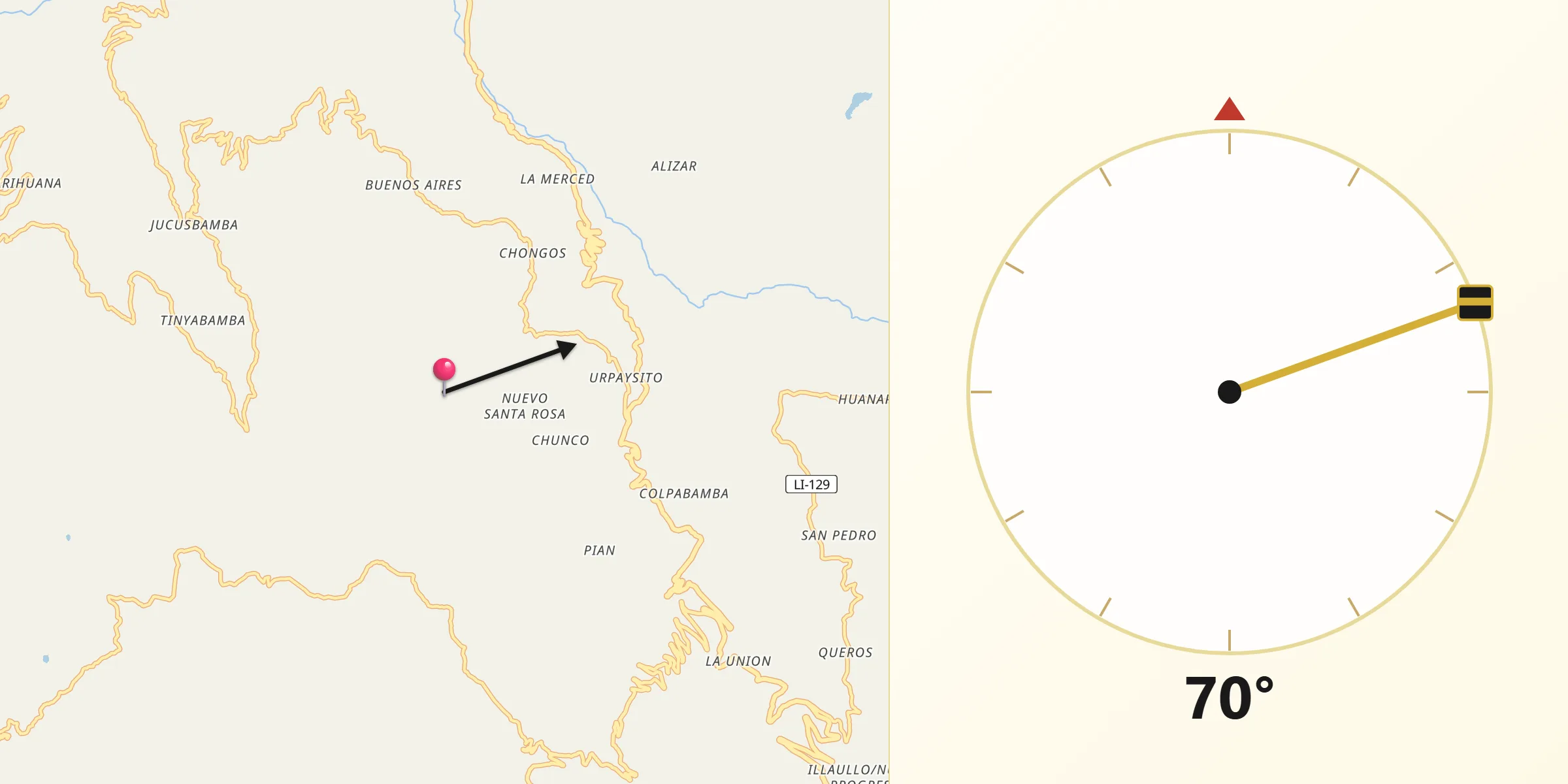 Dirección de la Qibla desde Provincia de Pataz