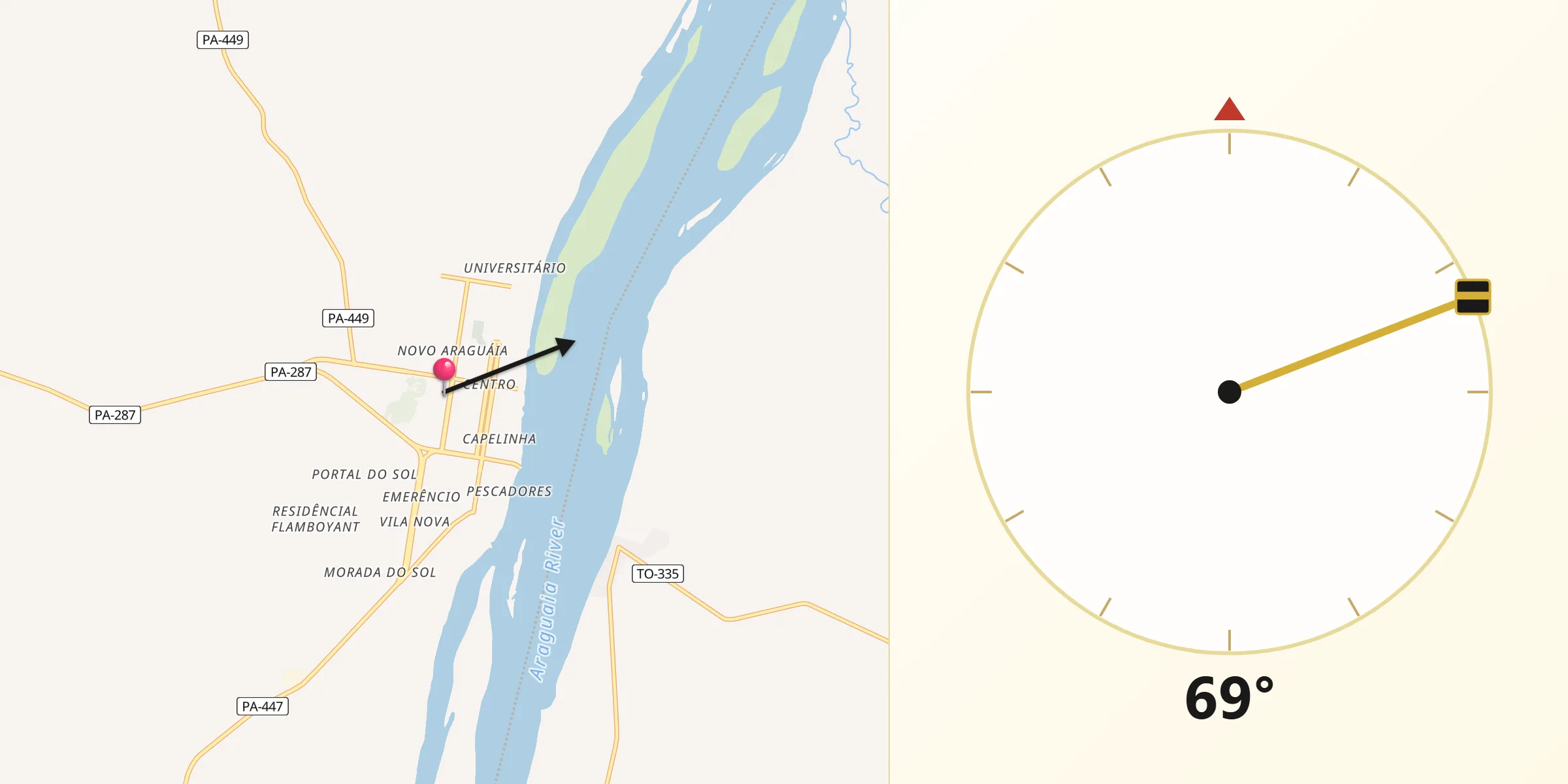Direção da Qibla a partir de Conceição do Araguaia