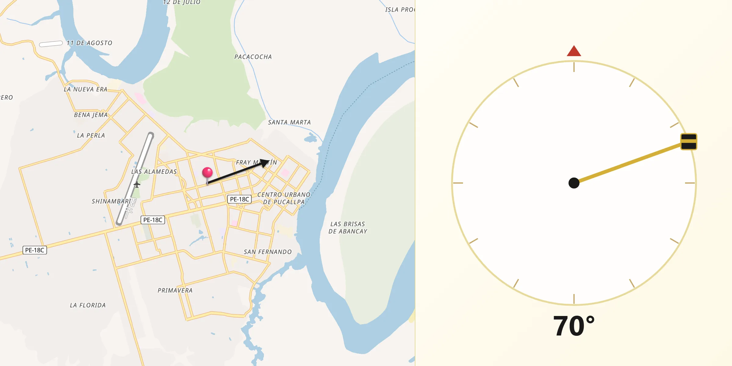 Dirección de la Qibla desde Pucallpa