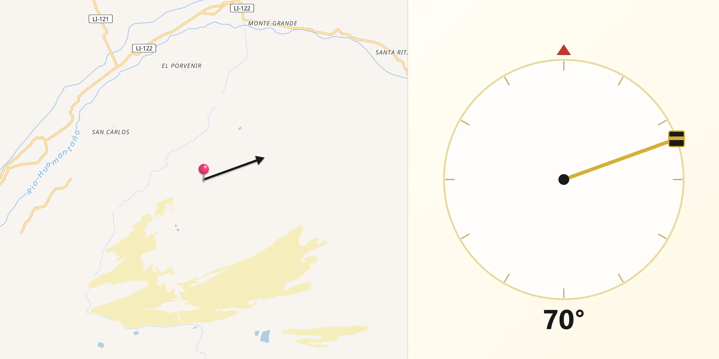 Dirección de la Qibla desde Virú