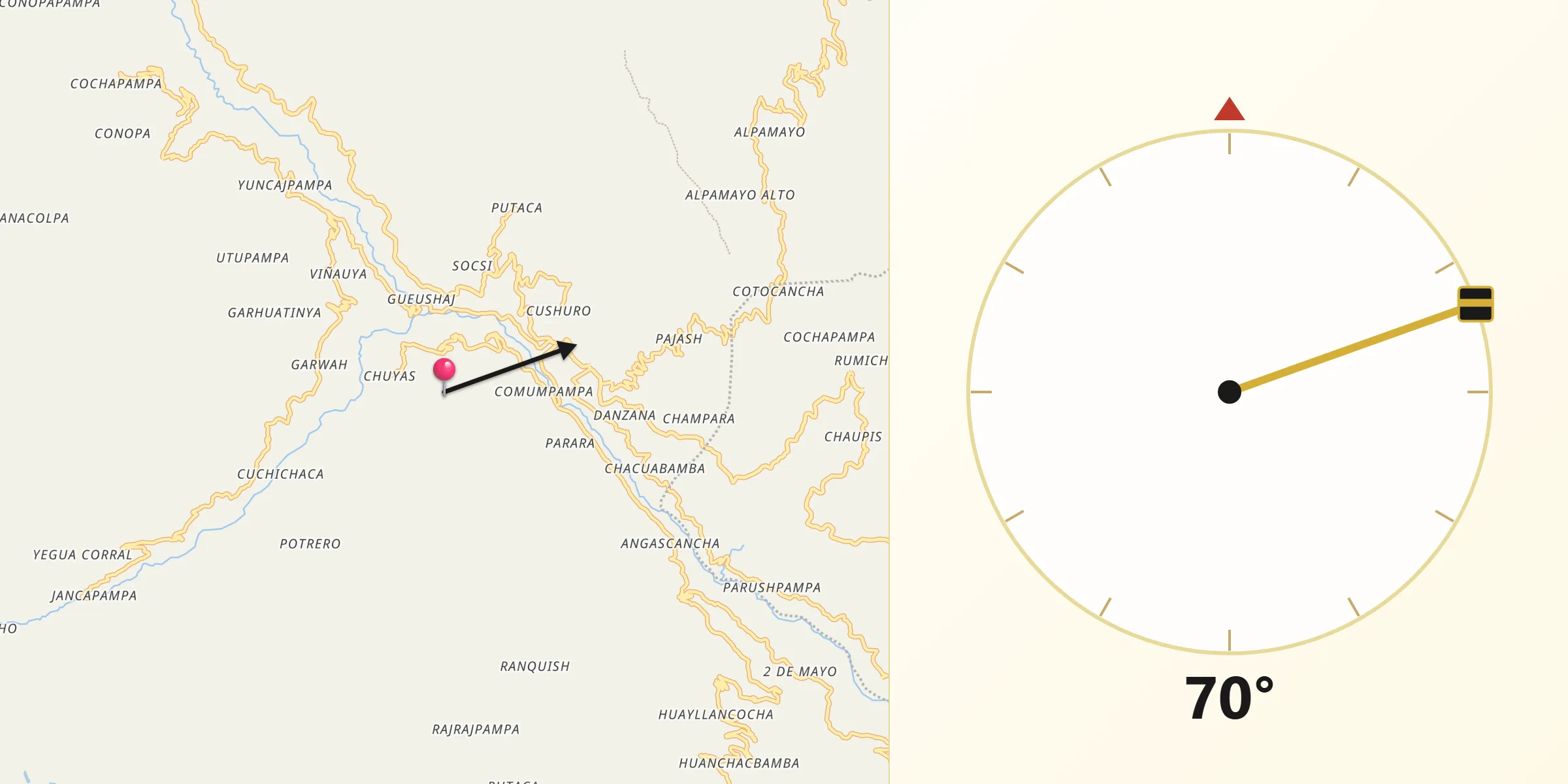 Dirección de la Qibla desde Provincia de Pomabamba