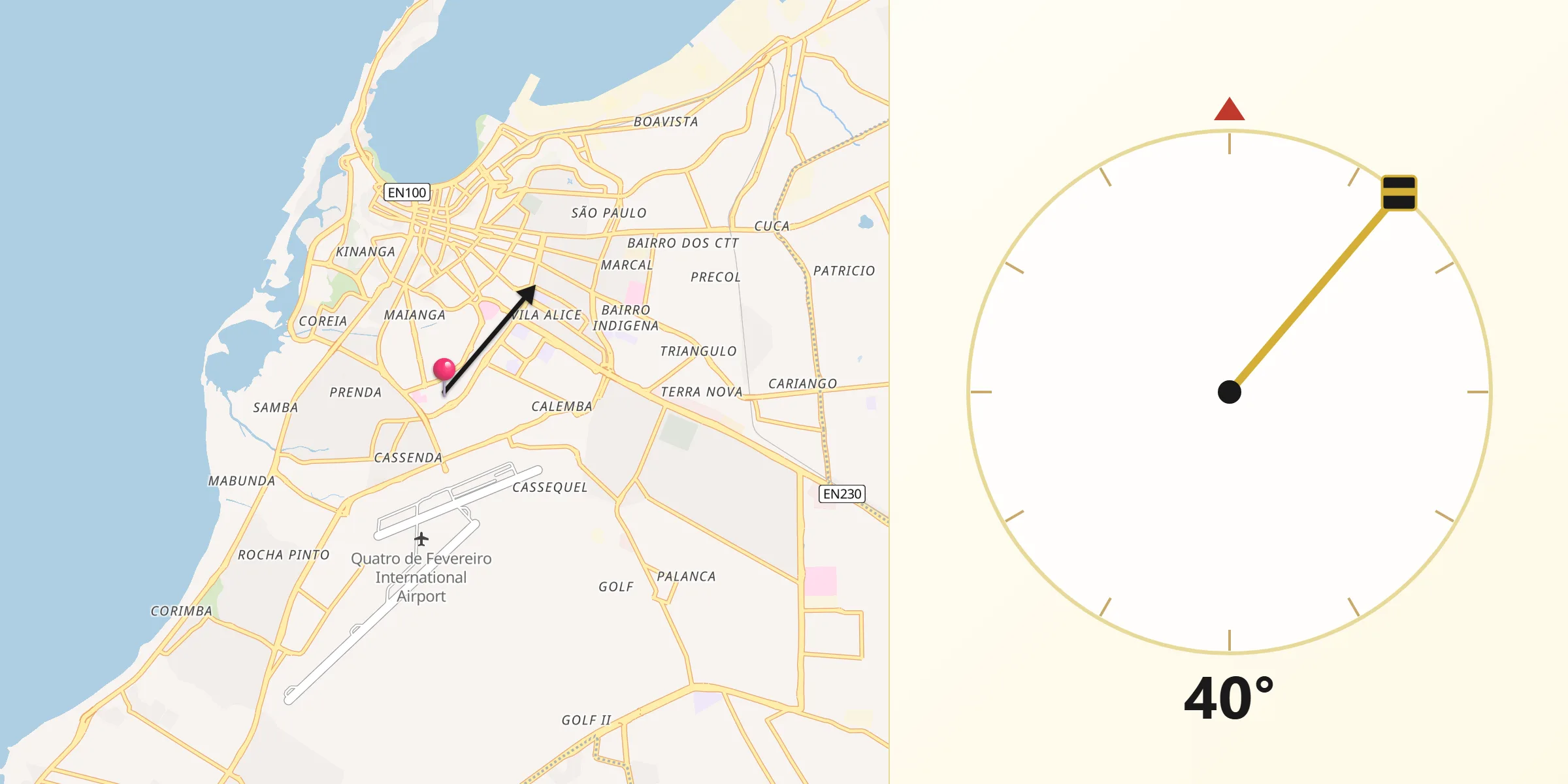 Direção da Qibla a partir de Loanda