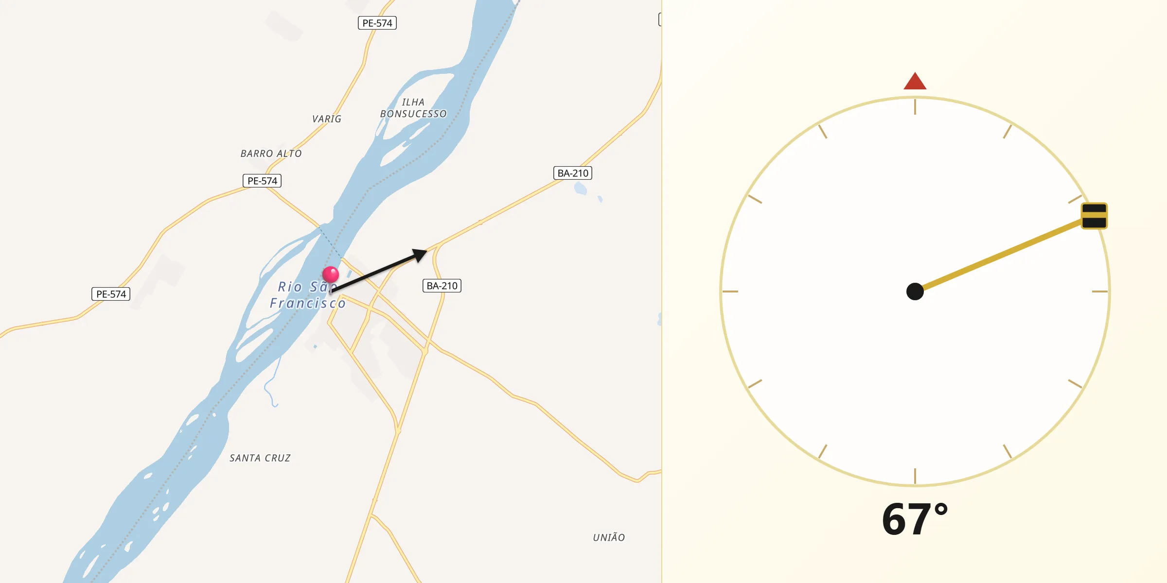 Direção da Qibla a partir de Curaçá