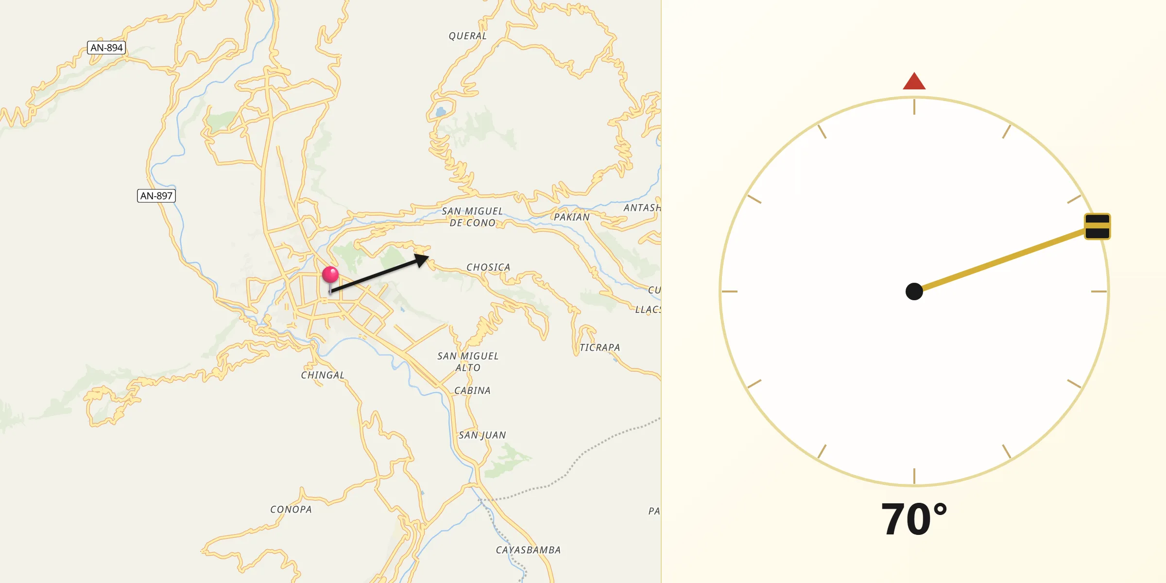 Dirección de la Qibla desde Carás