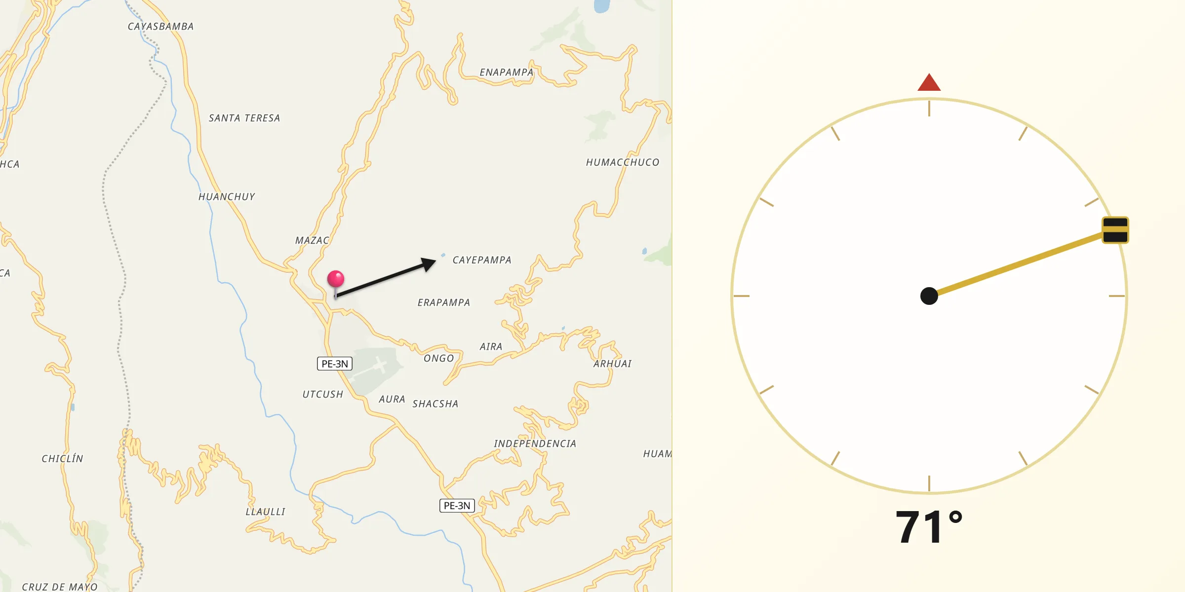 Dirección de la Qibla desde Yungay