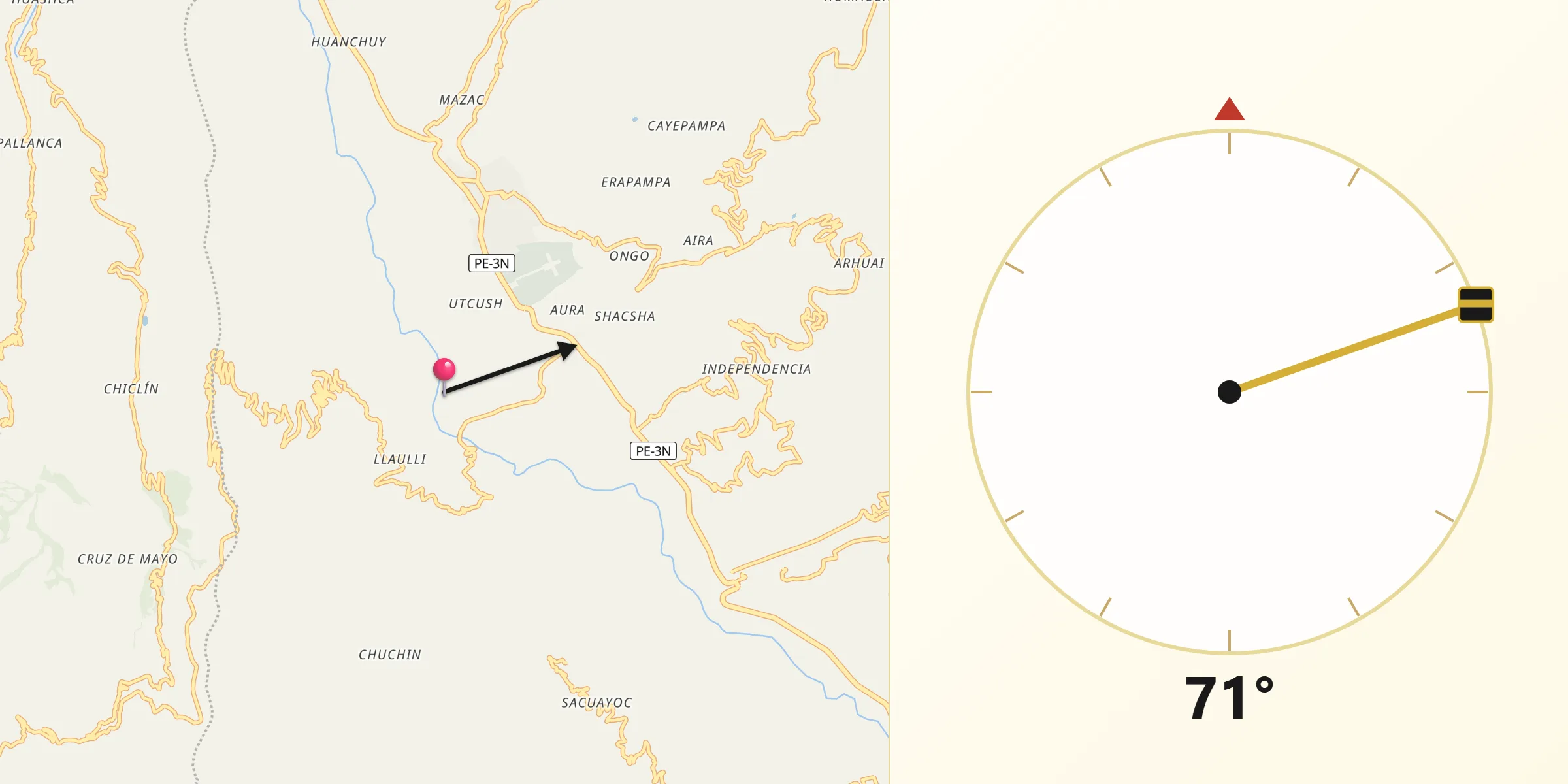 Dirección de la Qibla desde Provincia de Yungay