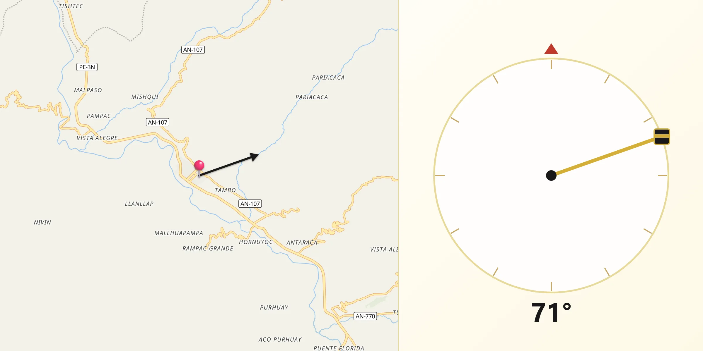 Dirección de la Qibla desde Carhuaz