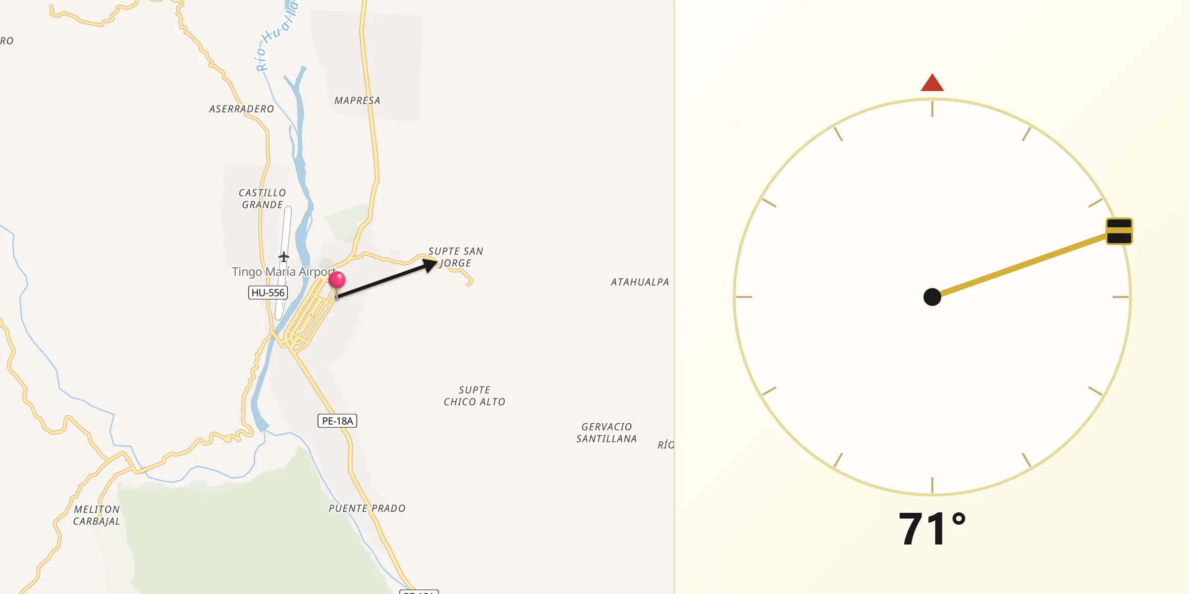 Dirección de la Qibla desde Tingo María