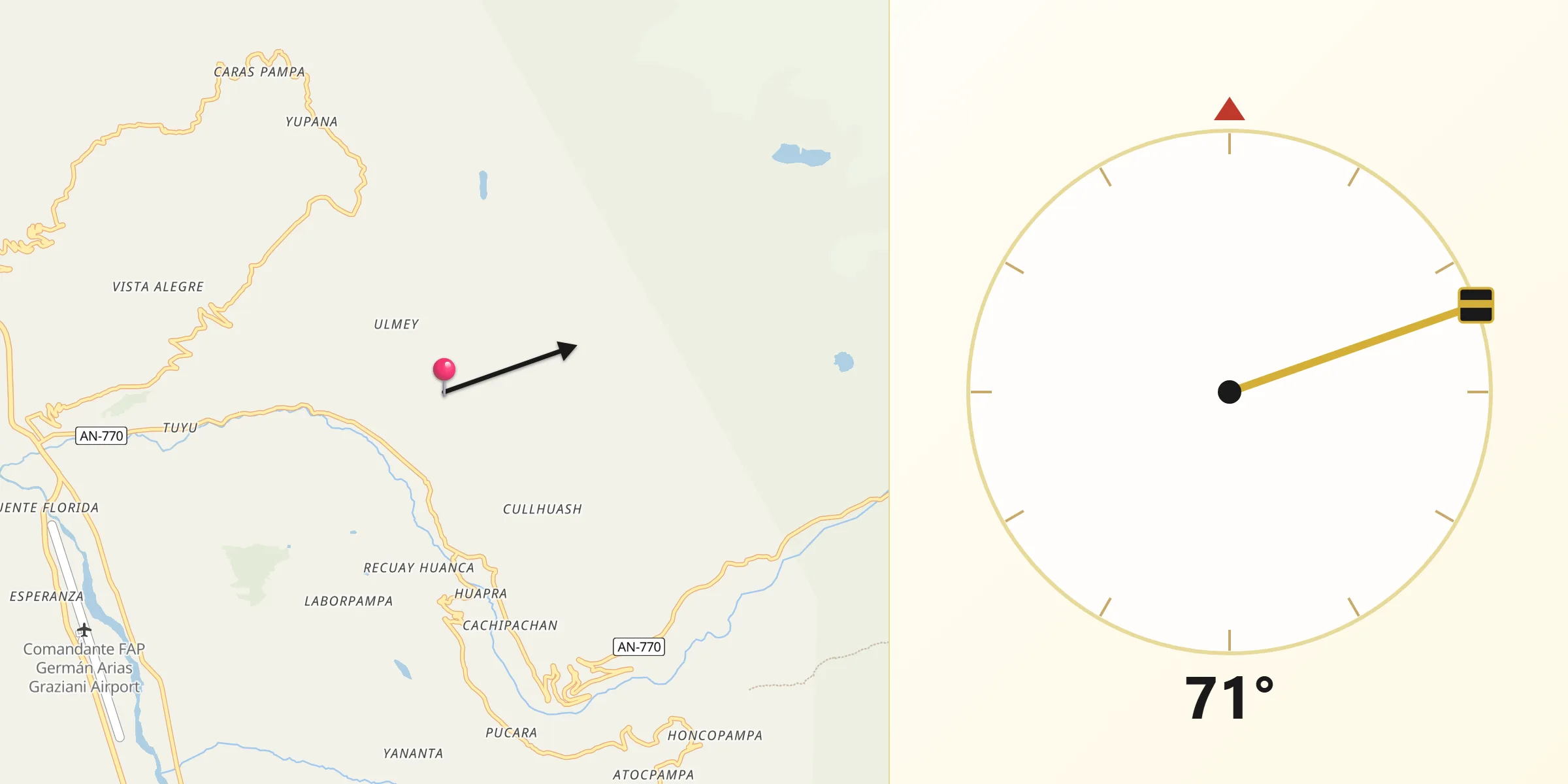 Dirección de la Qibla desde Provincia de Carhuaz