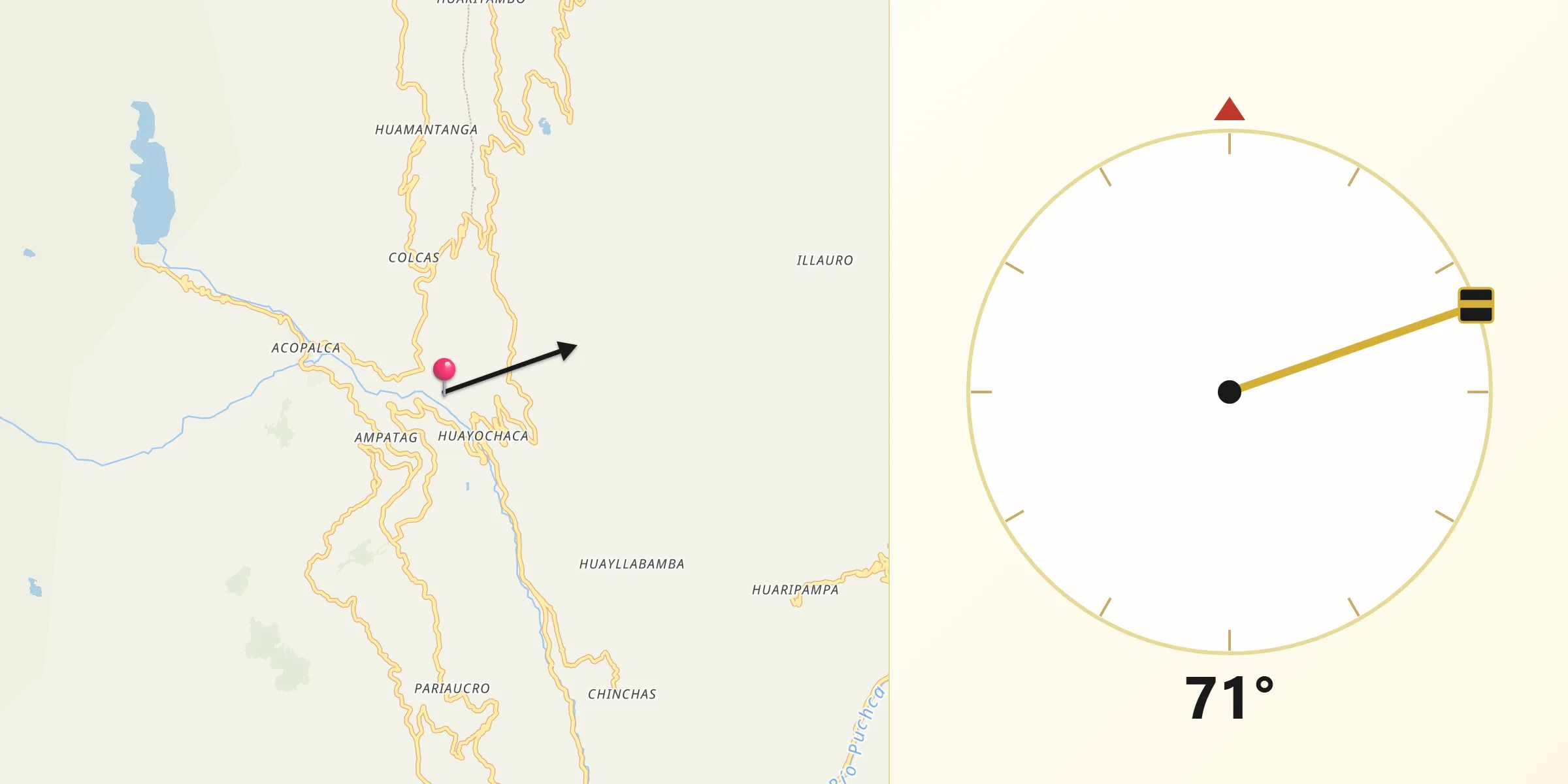 Dirección de la Qibla desde Provincia de Huari
