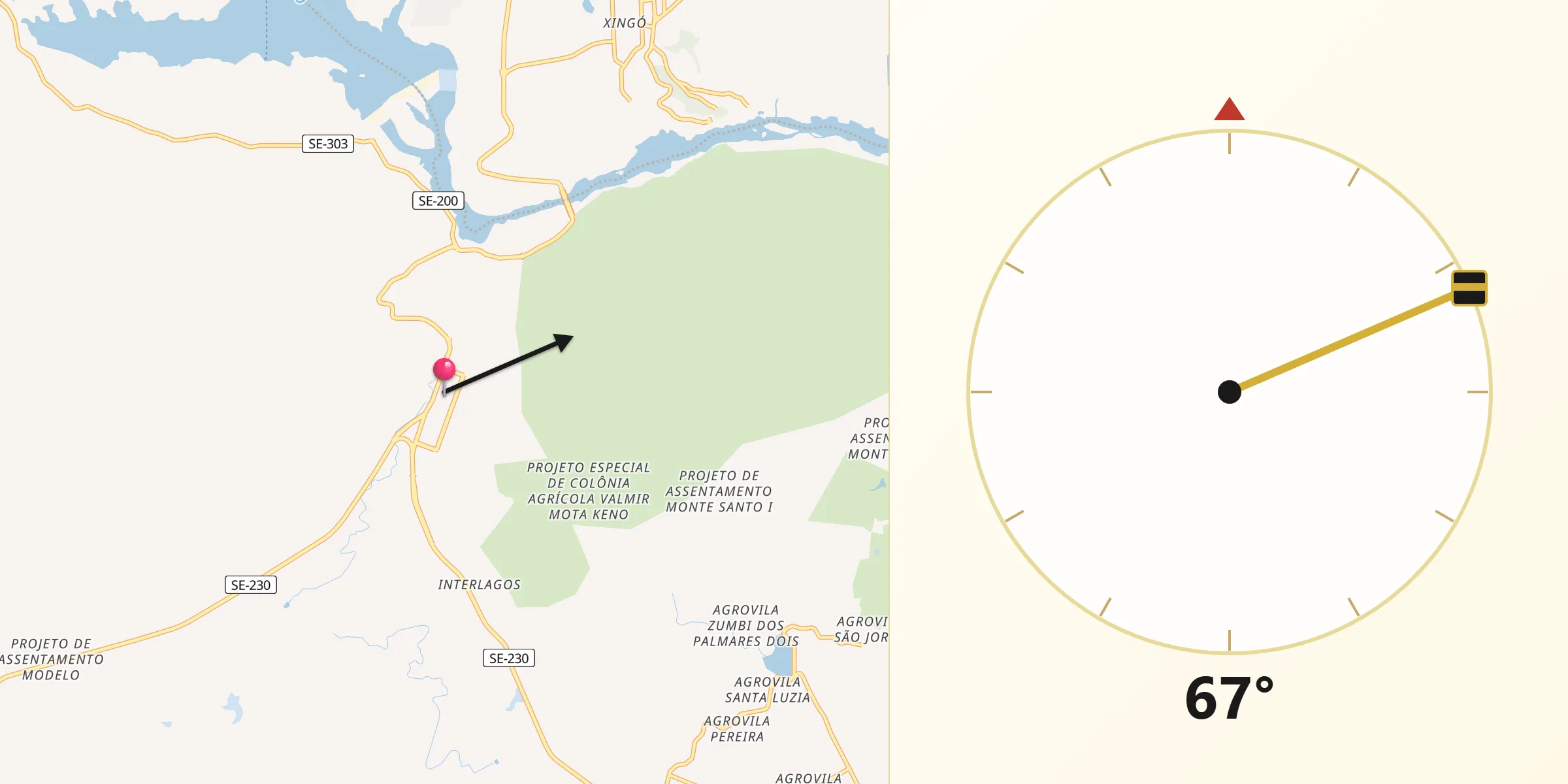 Direção da Qibla a partir de Canindé de São Francisco