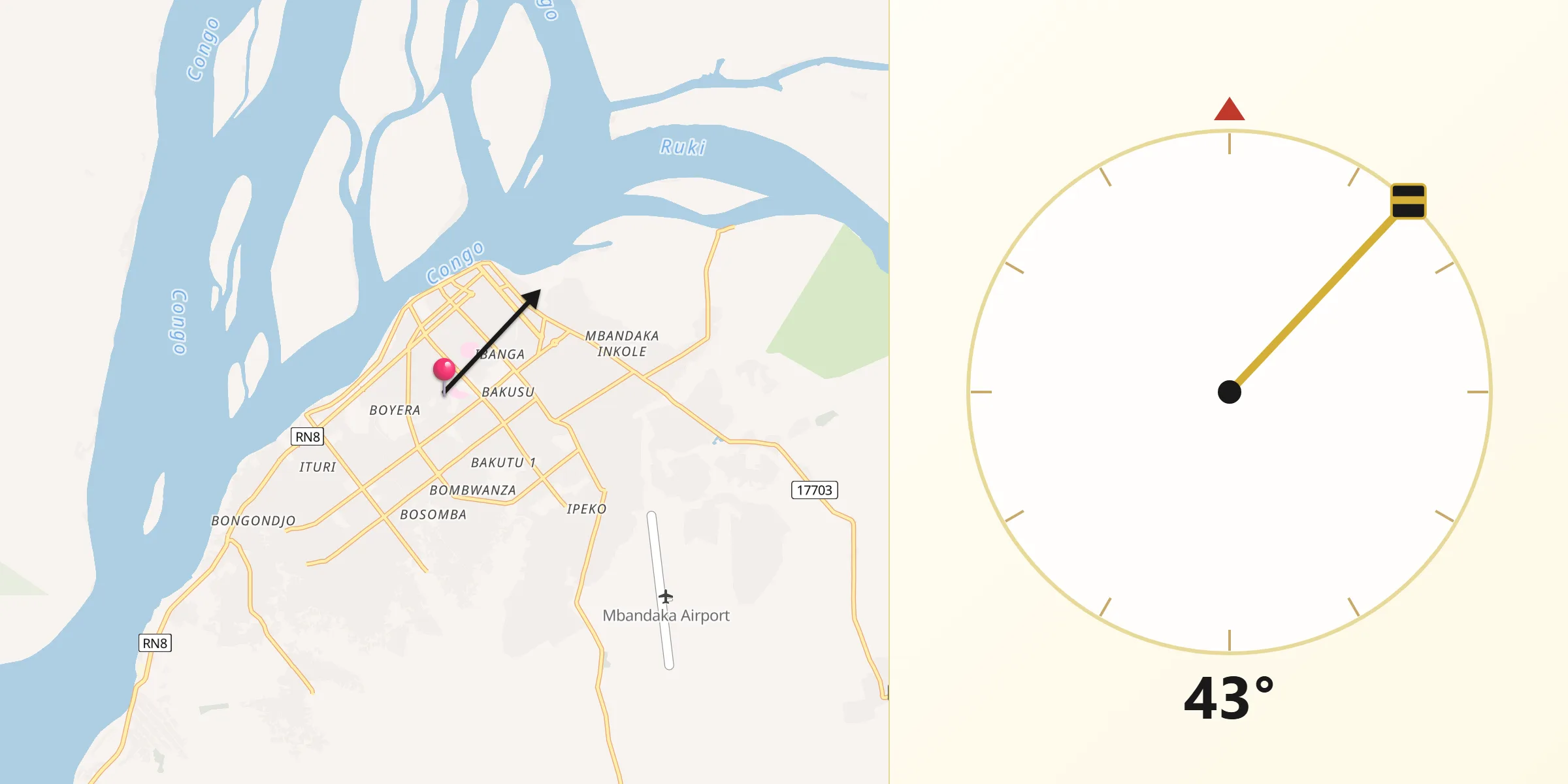 Direction vers la Qibla depuis Mbandaka