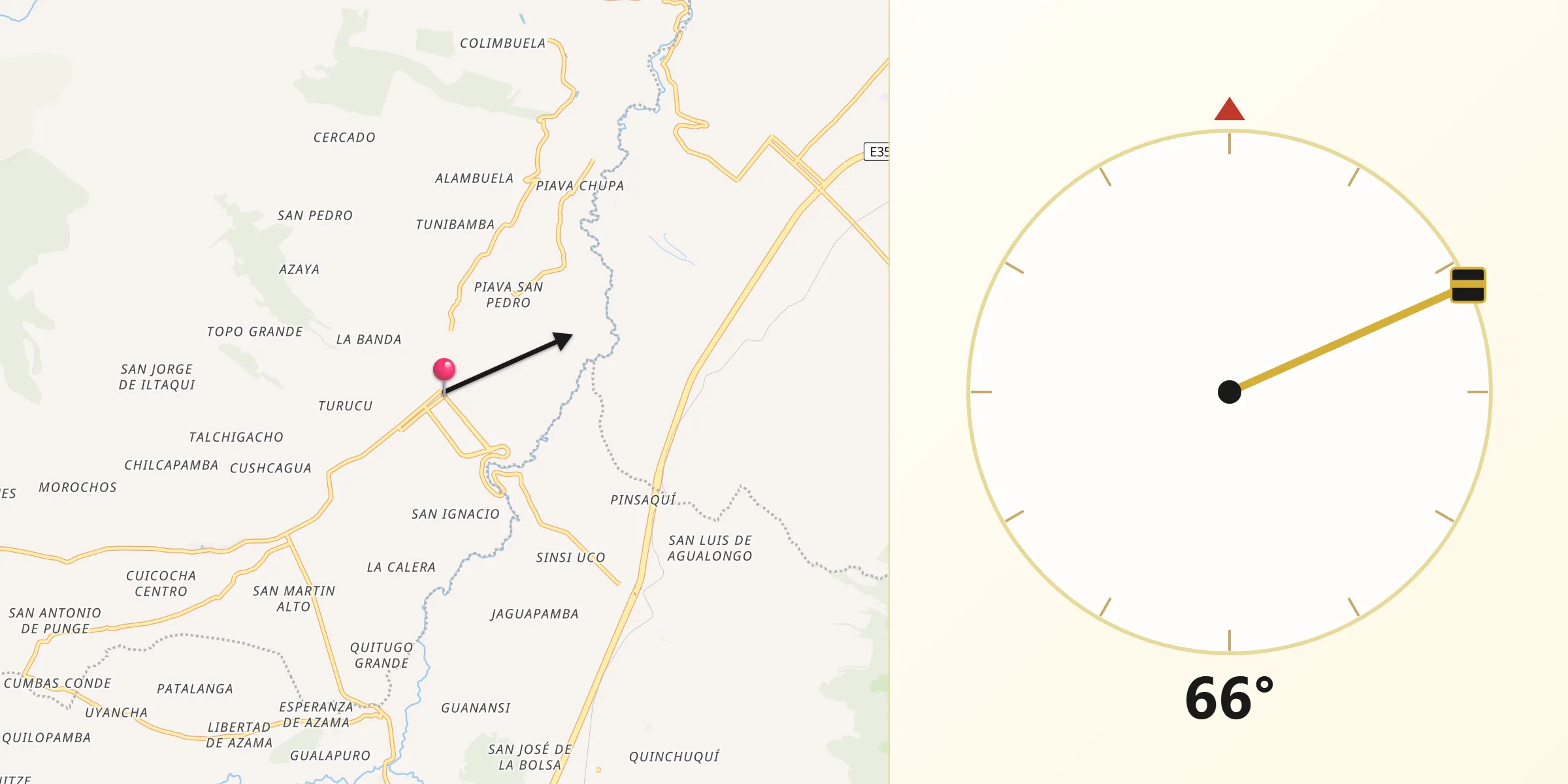 Dirección de la Qibla desde Cotacachi
