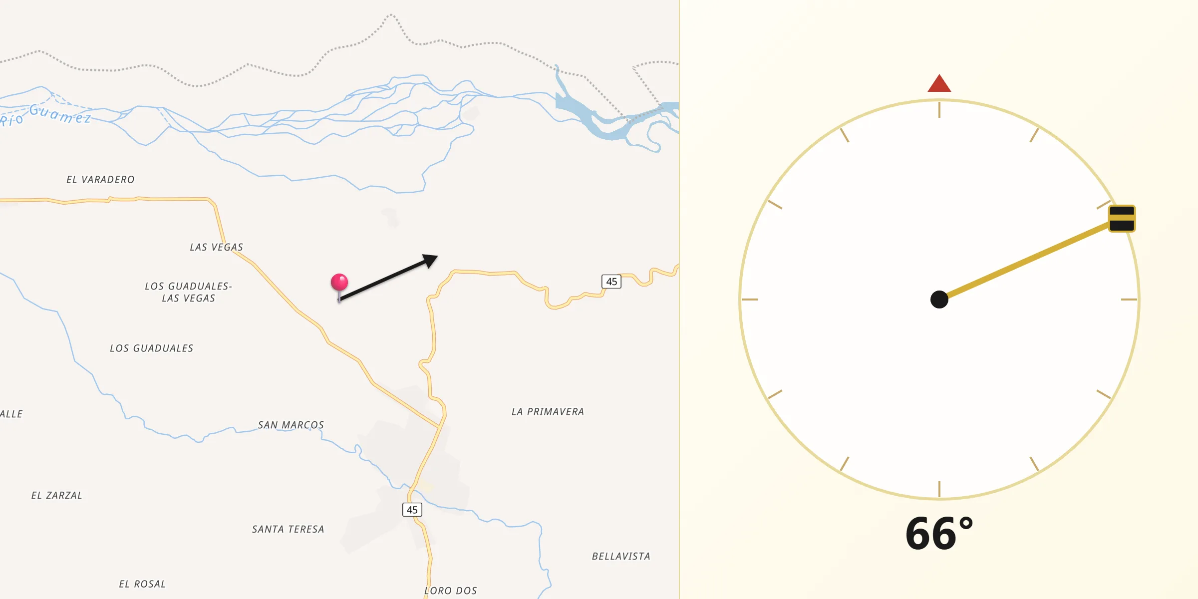 Dirección de la Qibla desde Valle del Guamuez