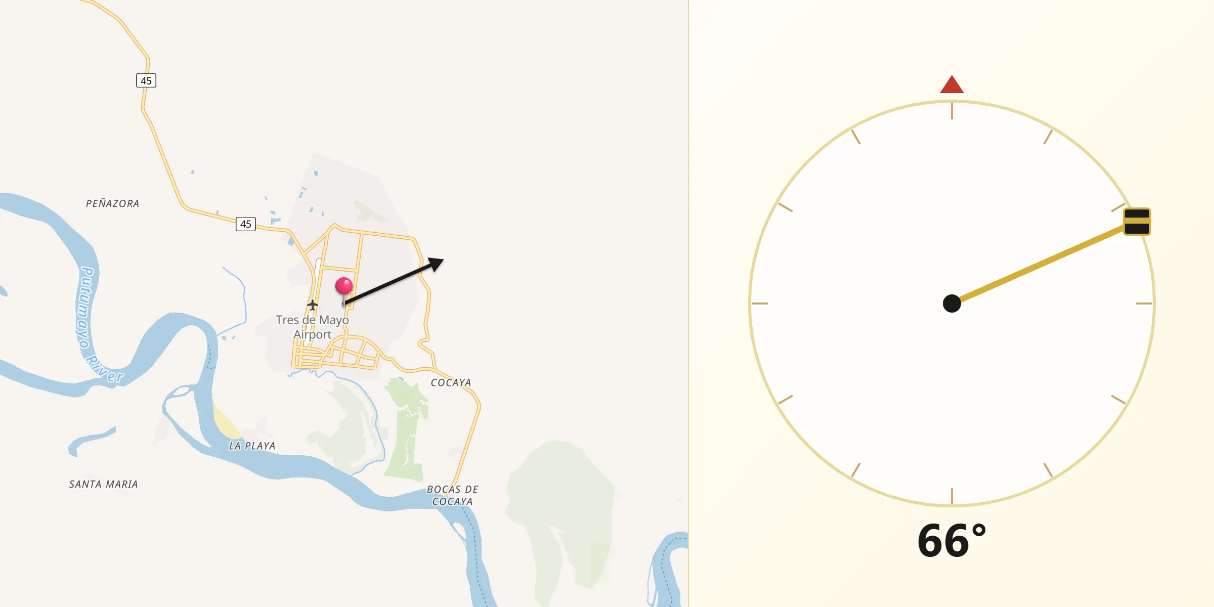 Dirección de la Qibla desde Puerto Asís