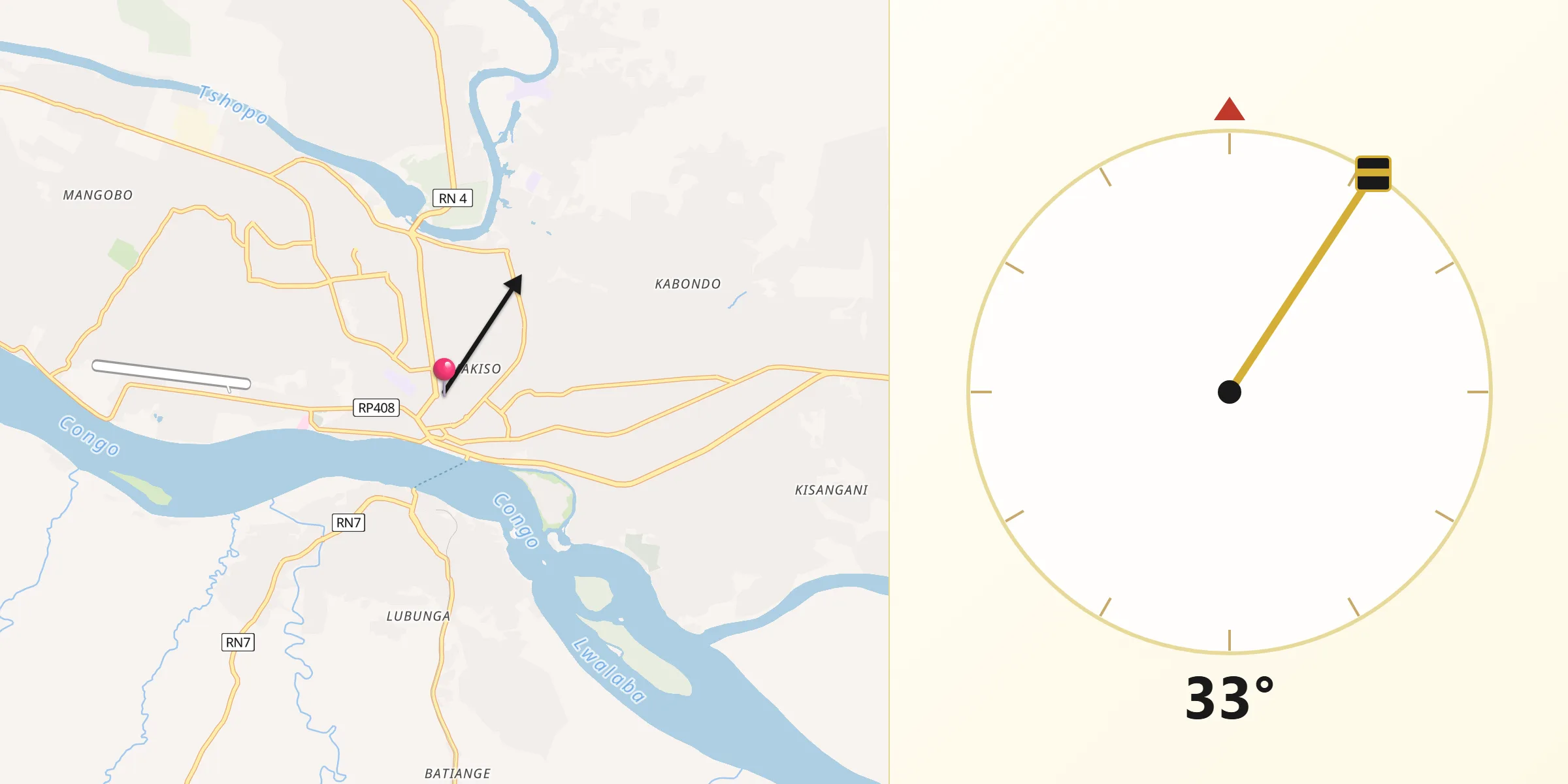 Direction vers la Qibla depuis Kisangani