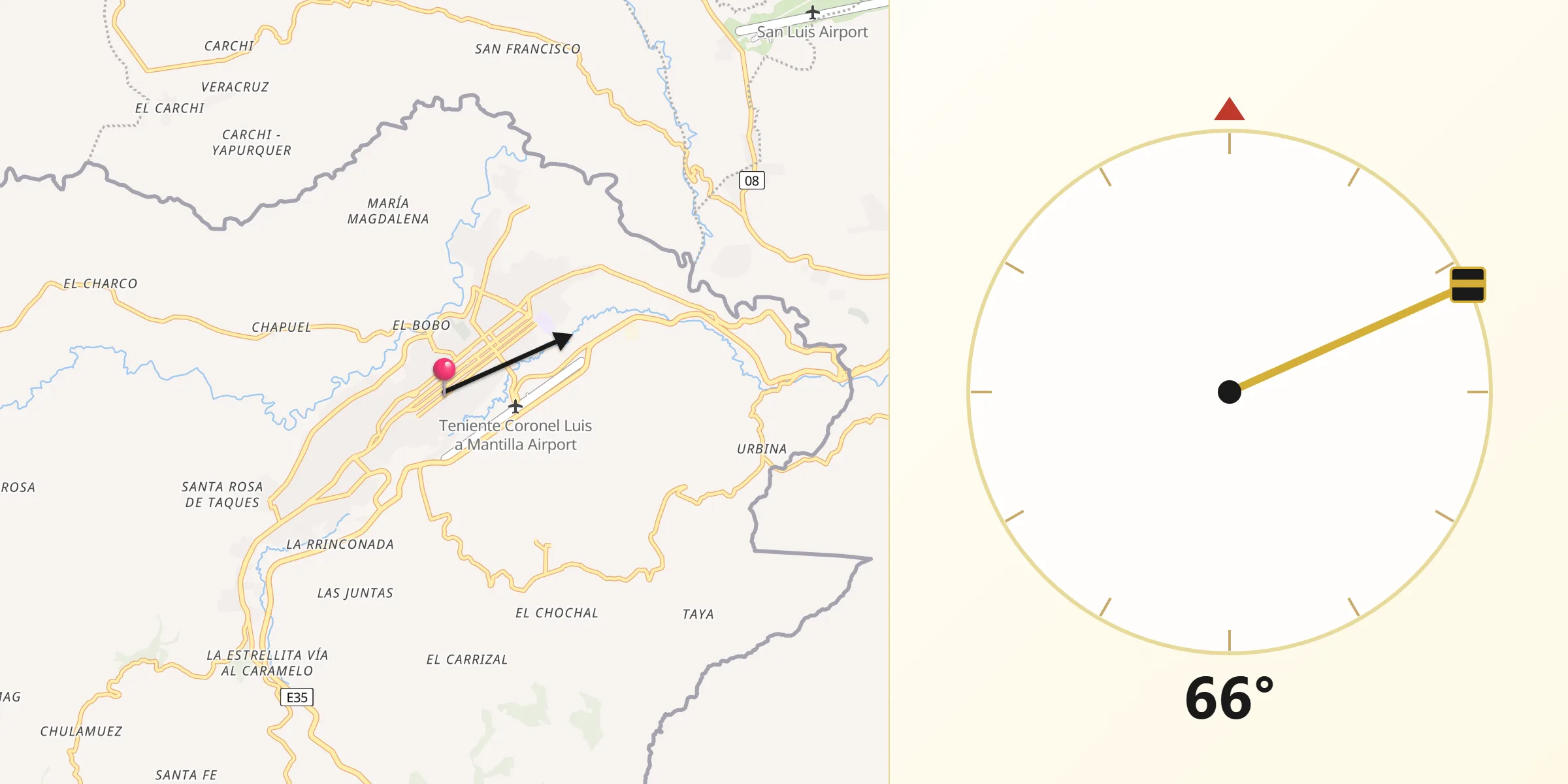 Dirección de la Qibla desde Tulcán