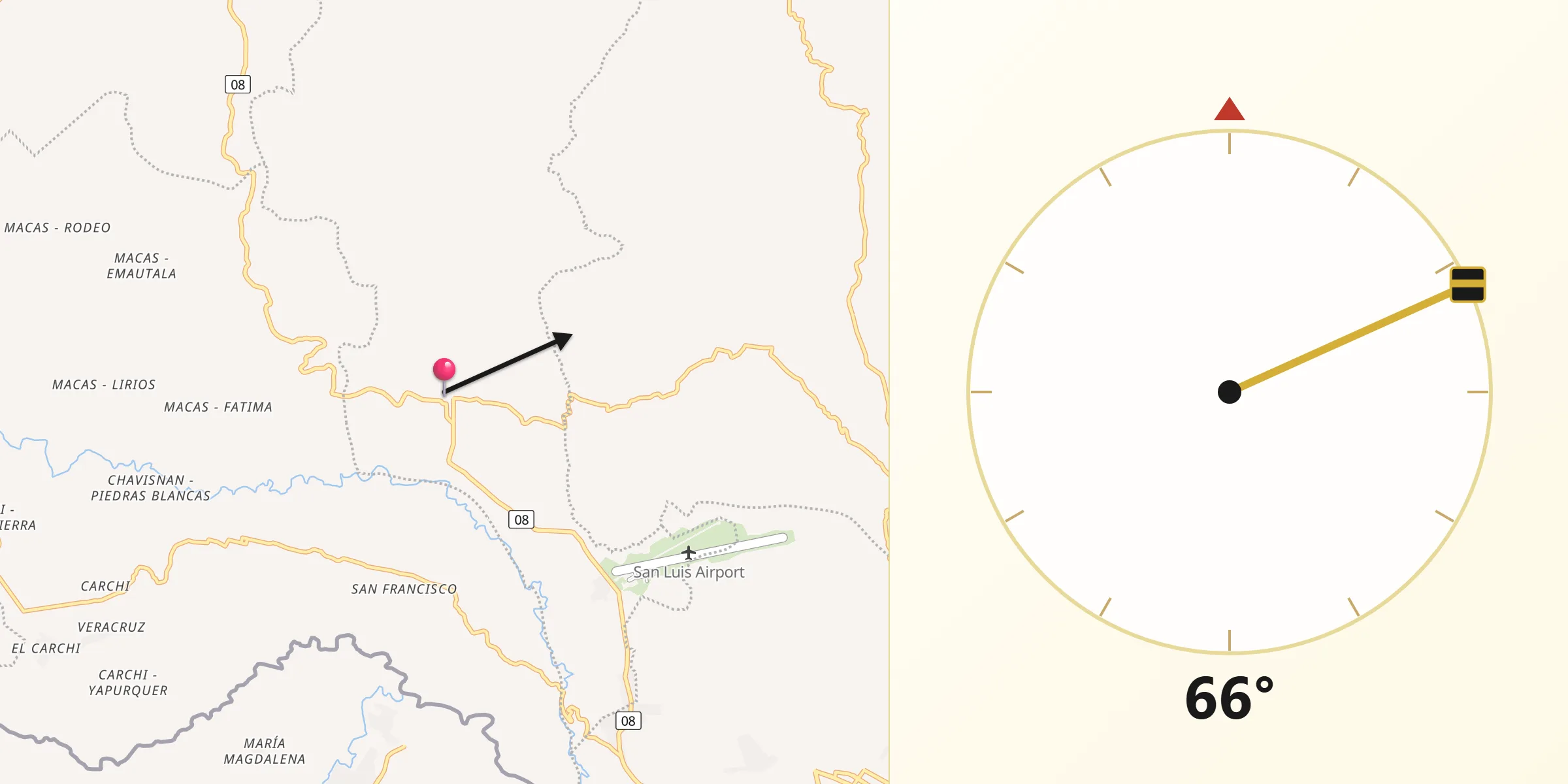 Dirección de la Qibla desde Aldana