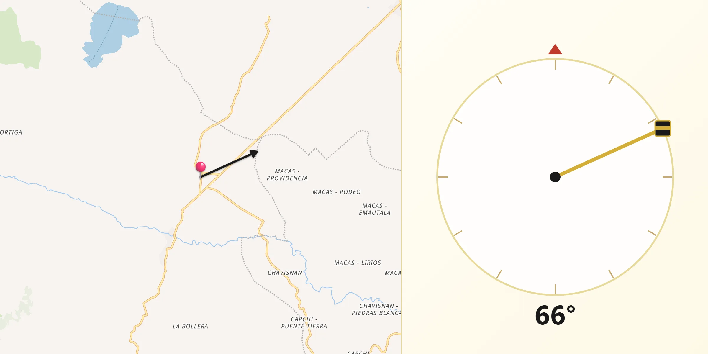Dirección de la Qibla desde Cumbal