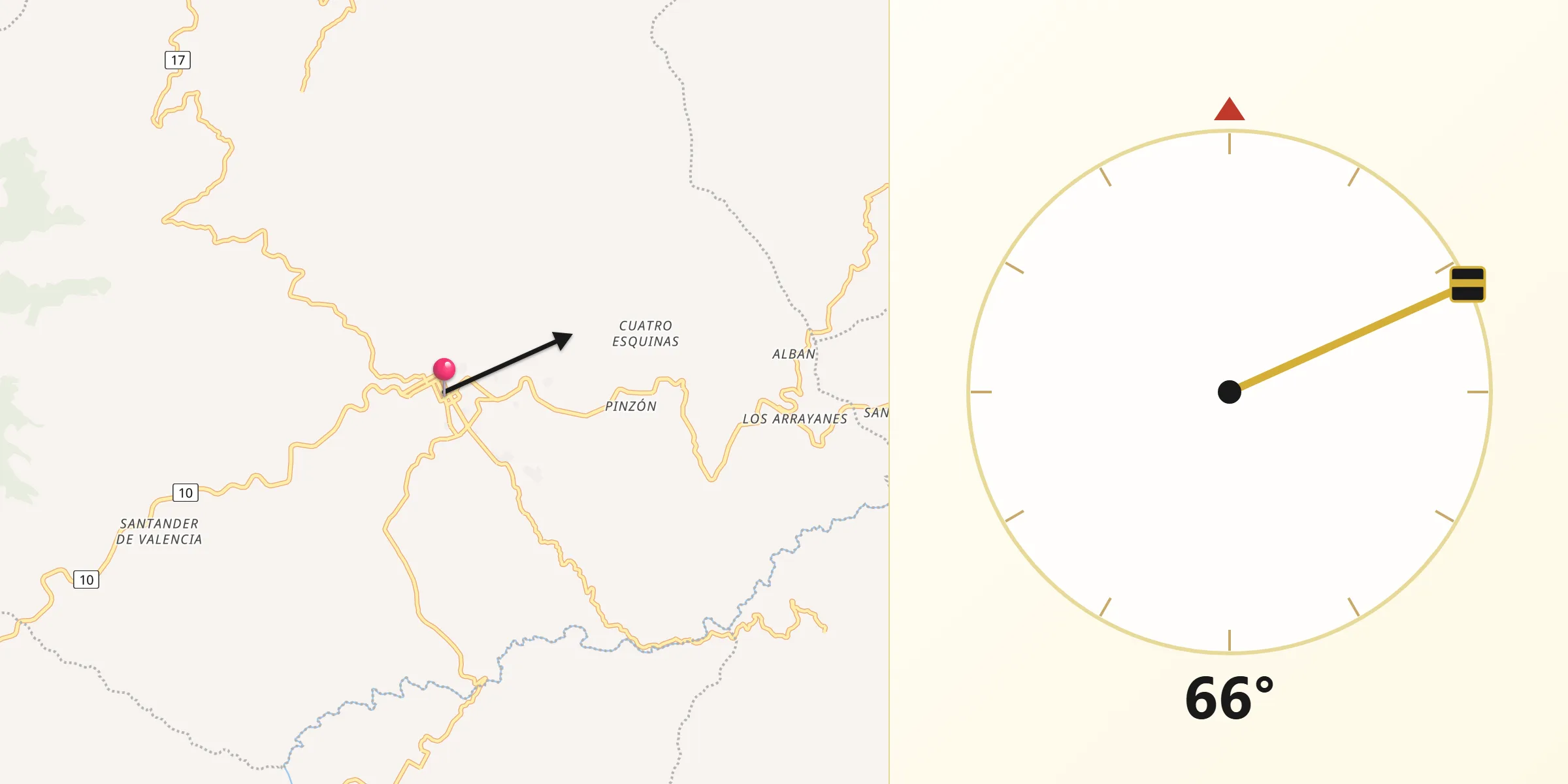 Dirección de la Qibla desde Túquerres