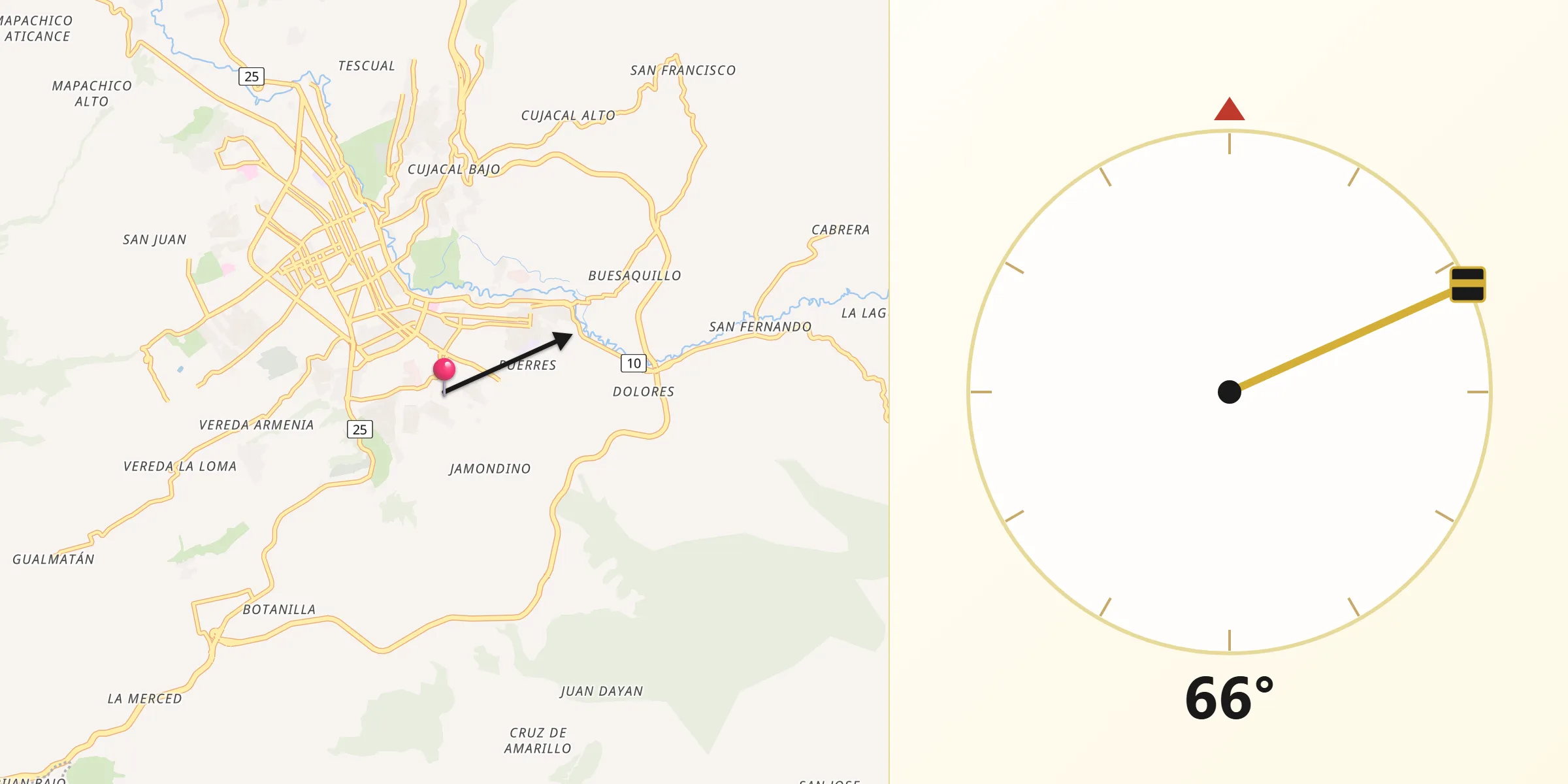 Dirección de la Qibla desde Puerres