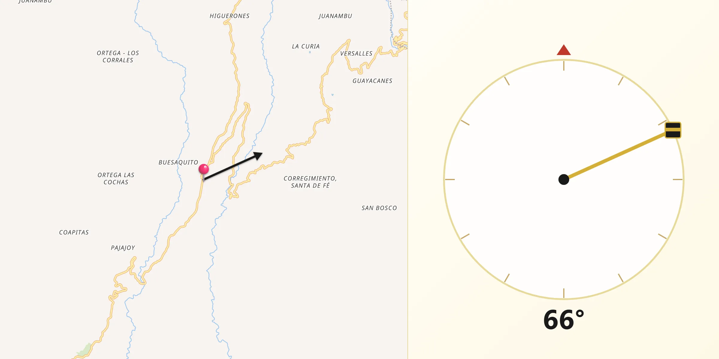 Dirección de la Qibla desde Buesaco