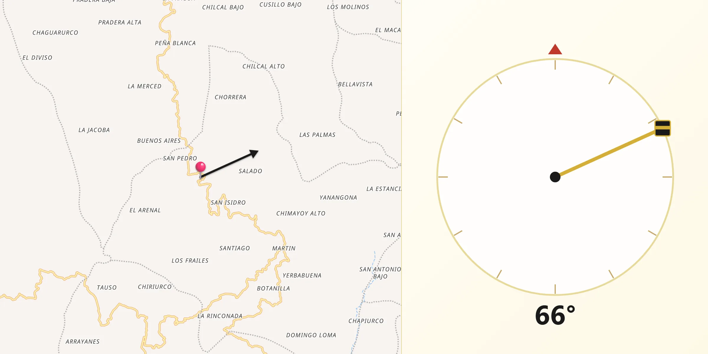 Dirección de la Qibla desde San Pedro de Cartago