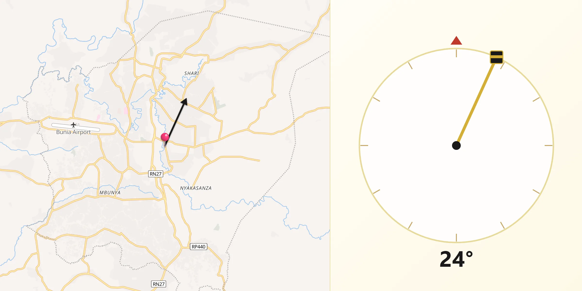 Direction vers la Qibla depuis Bunia