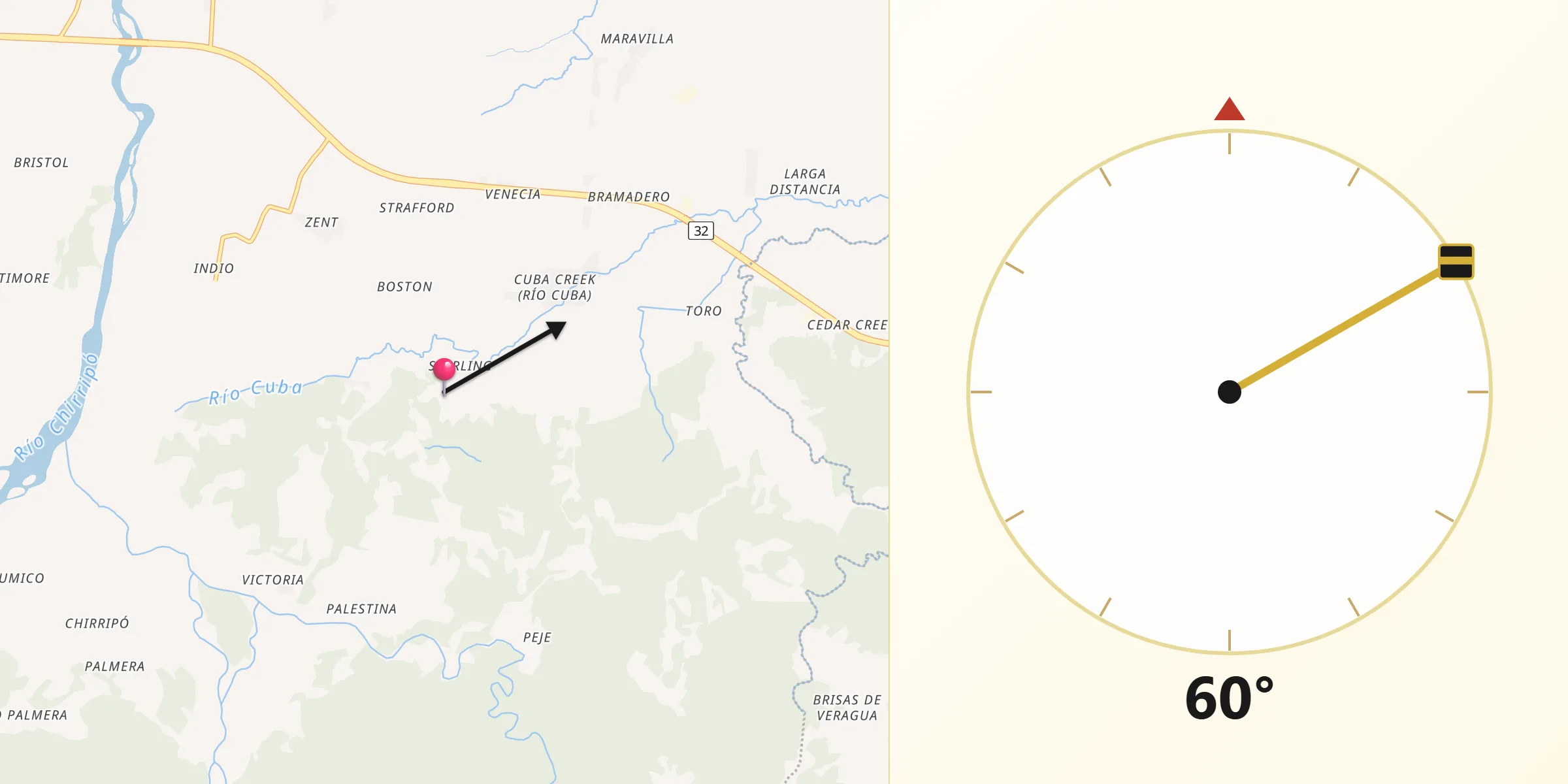 Dirección de la Qibla desde Matina