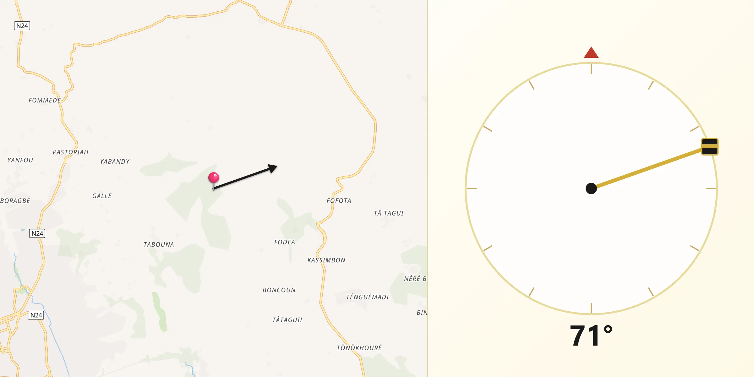 Direction vers la Qibla depuis Kindia