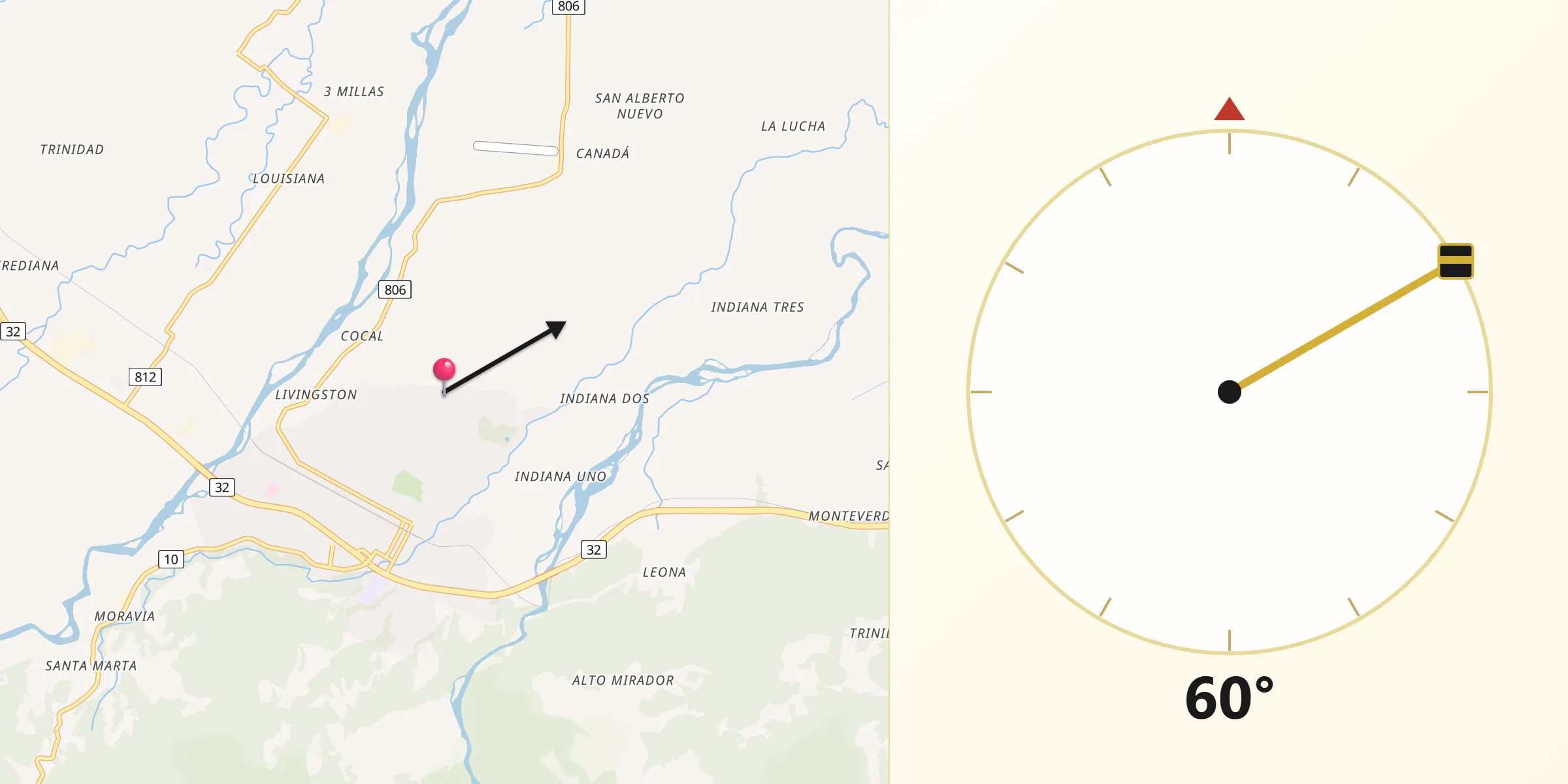 Dirección de la Qibla desde Siquirres