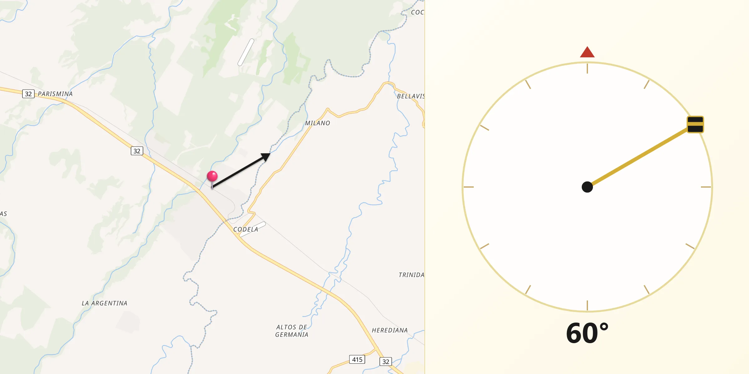 Dirección de la Qibla desde Pocora