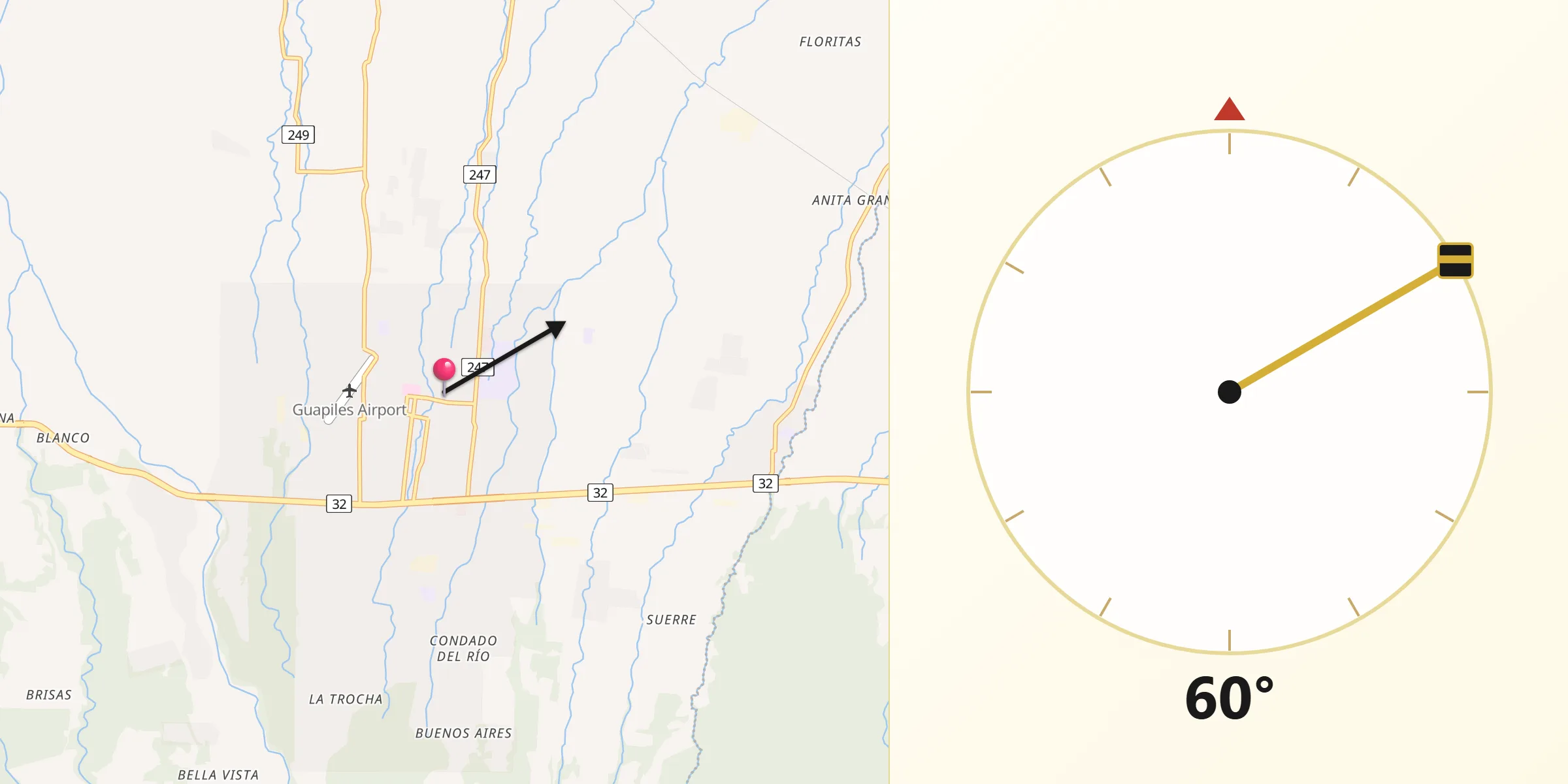 Dirección de la Qibla desde Guápiles