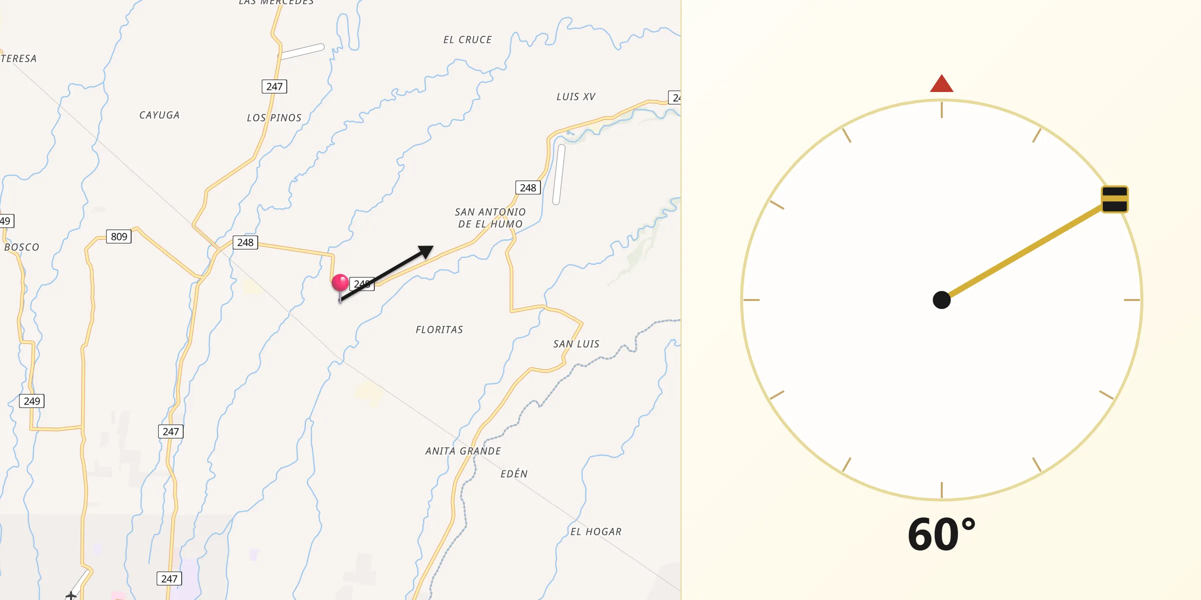 Dirección de la Qibla desde Roxana