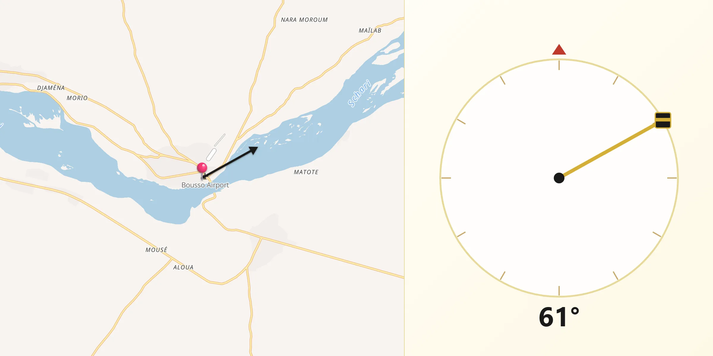 Direction vers la Qibla depuis Bousso