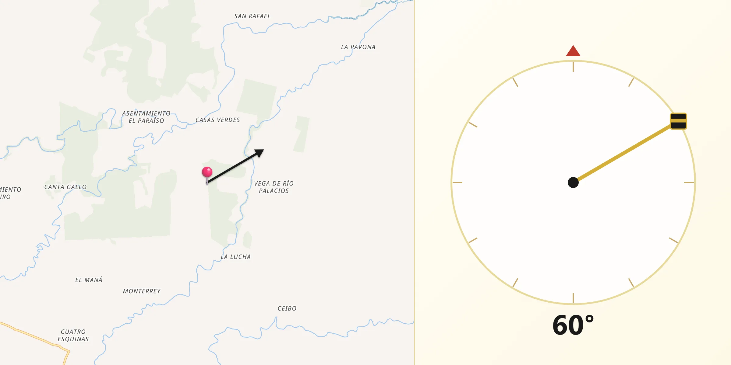 Dirección de la Qibla desde Pococí