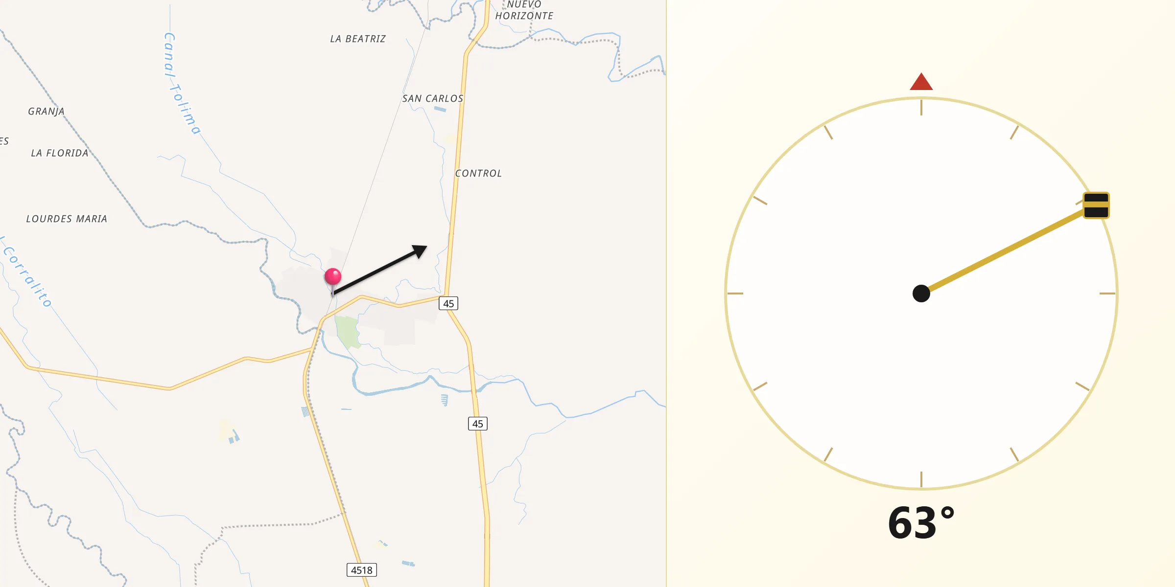Dirección de la Qibla desde Aracataca