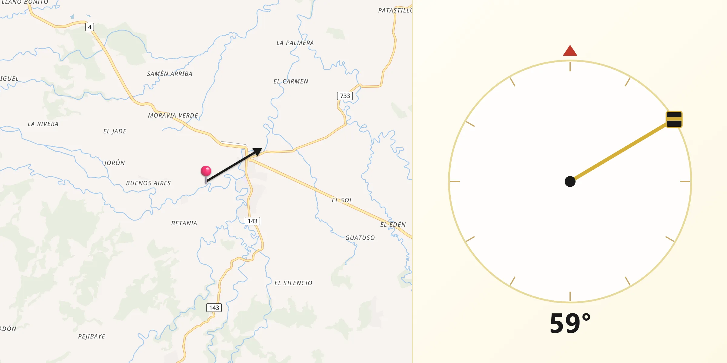 Dirección de la Qibla desde Guatuso