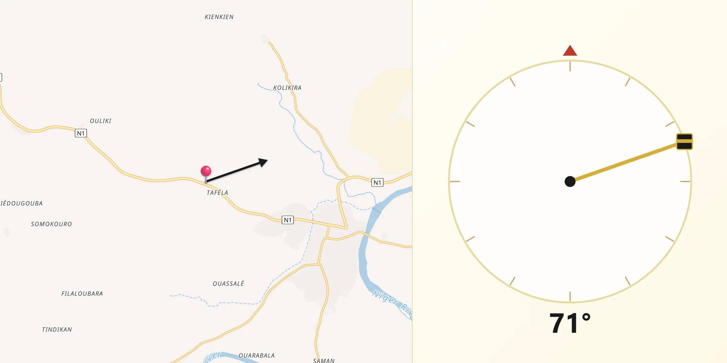 Direction vers la Qibla depuis Kouroussa