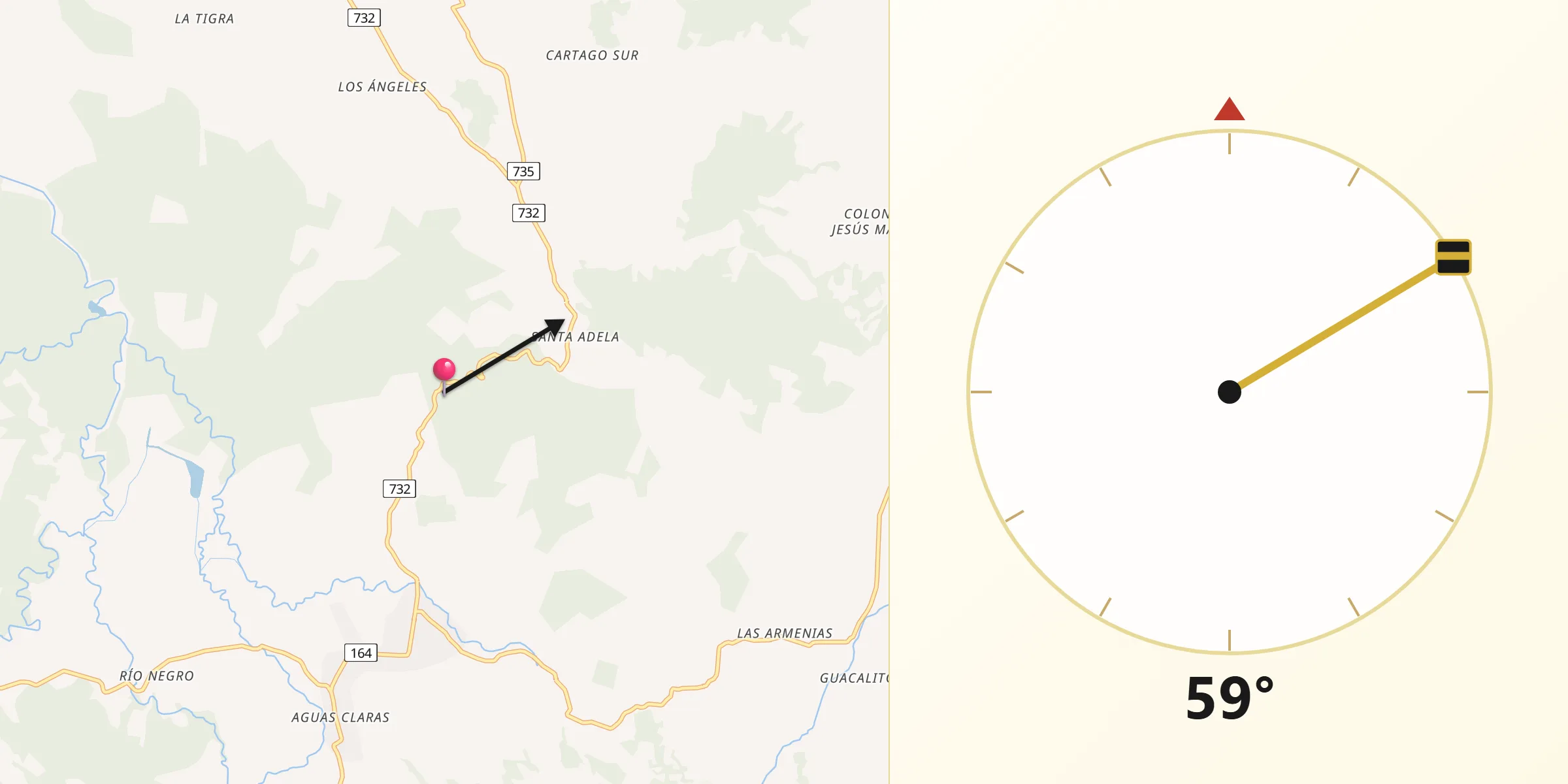 Dirección de la Qibla desde Upala