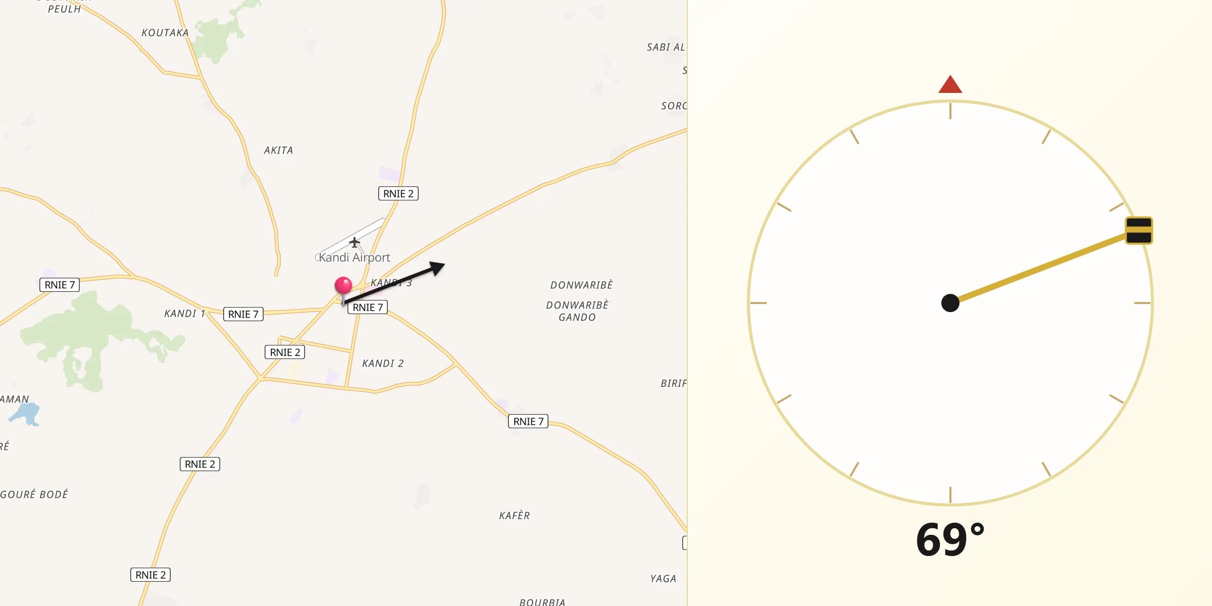 Direction vers la Qibla depuis Kandi