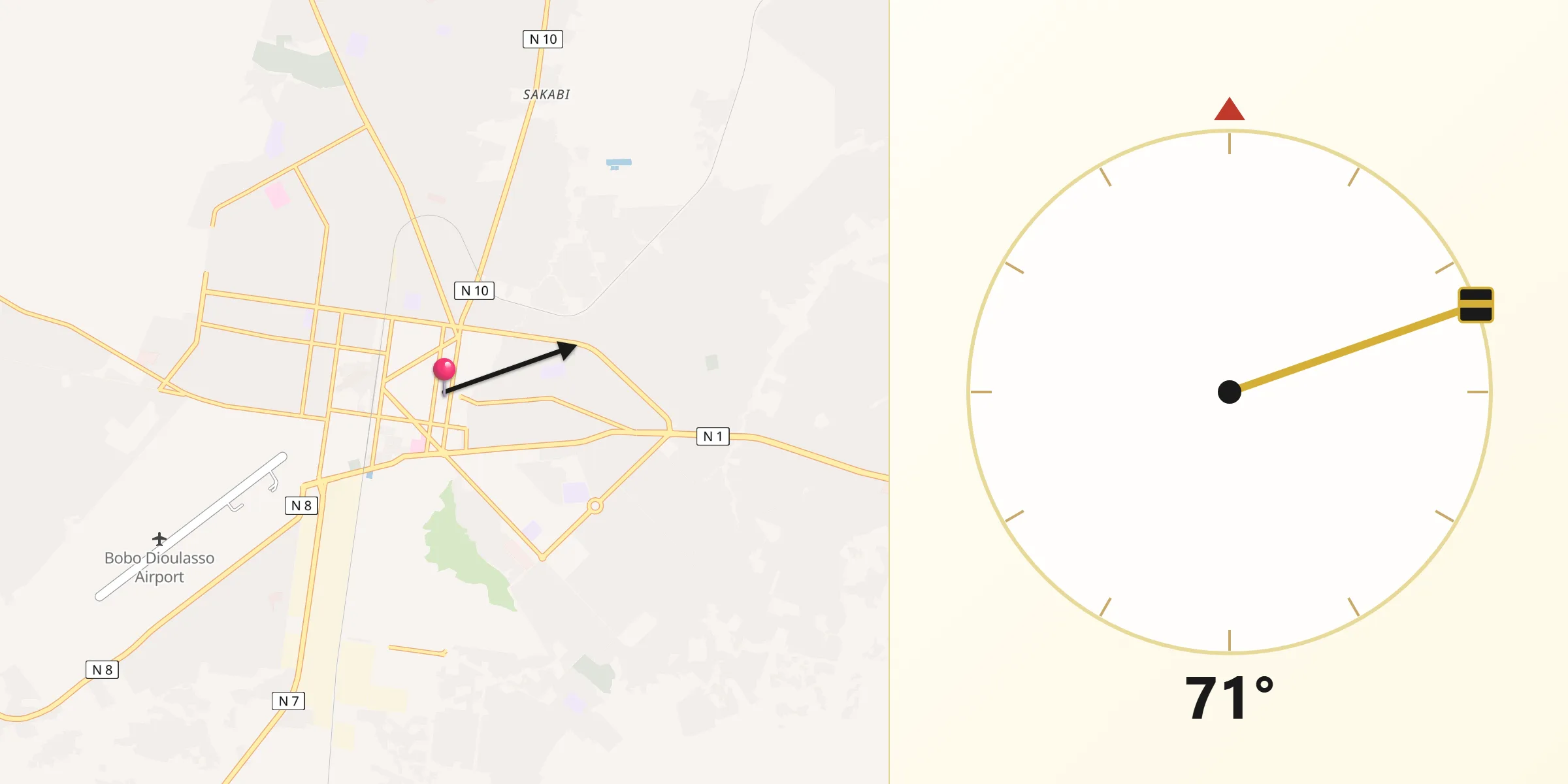 Direction vers la Qibla depuis Bobo-Dioulasso